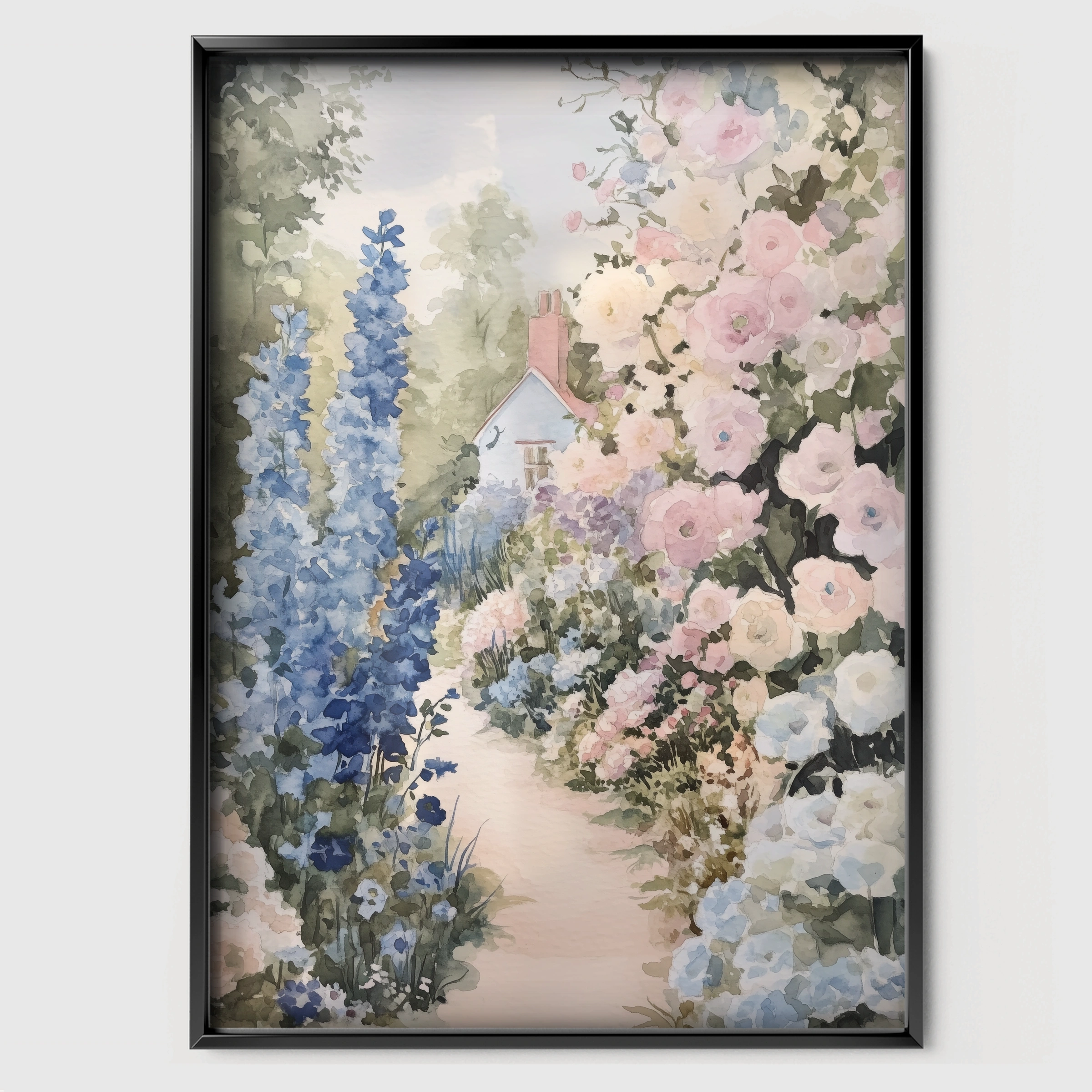 Cottage Flower Garden Nursery Print - black framed nursery wall art print
