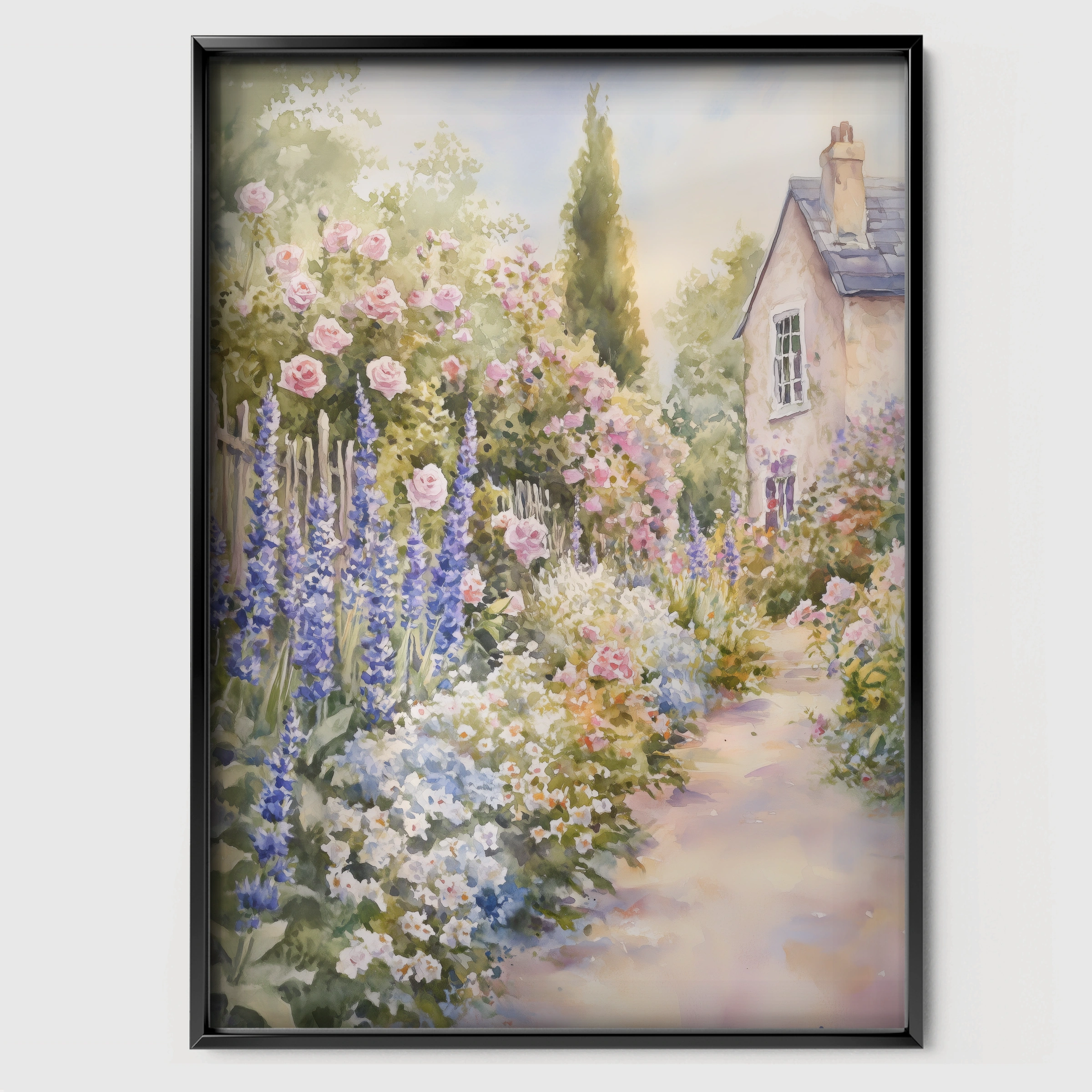Cottage Garden Path Nursery Print - black framed nursery wall art print
