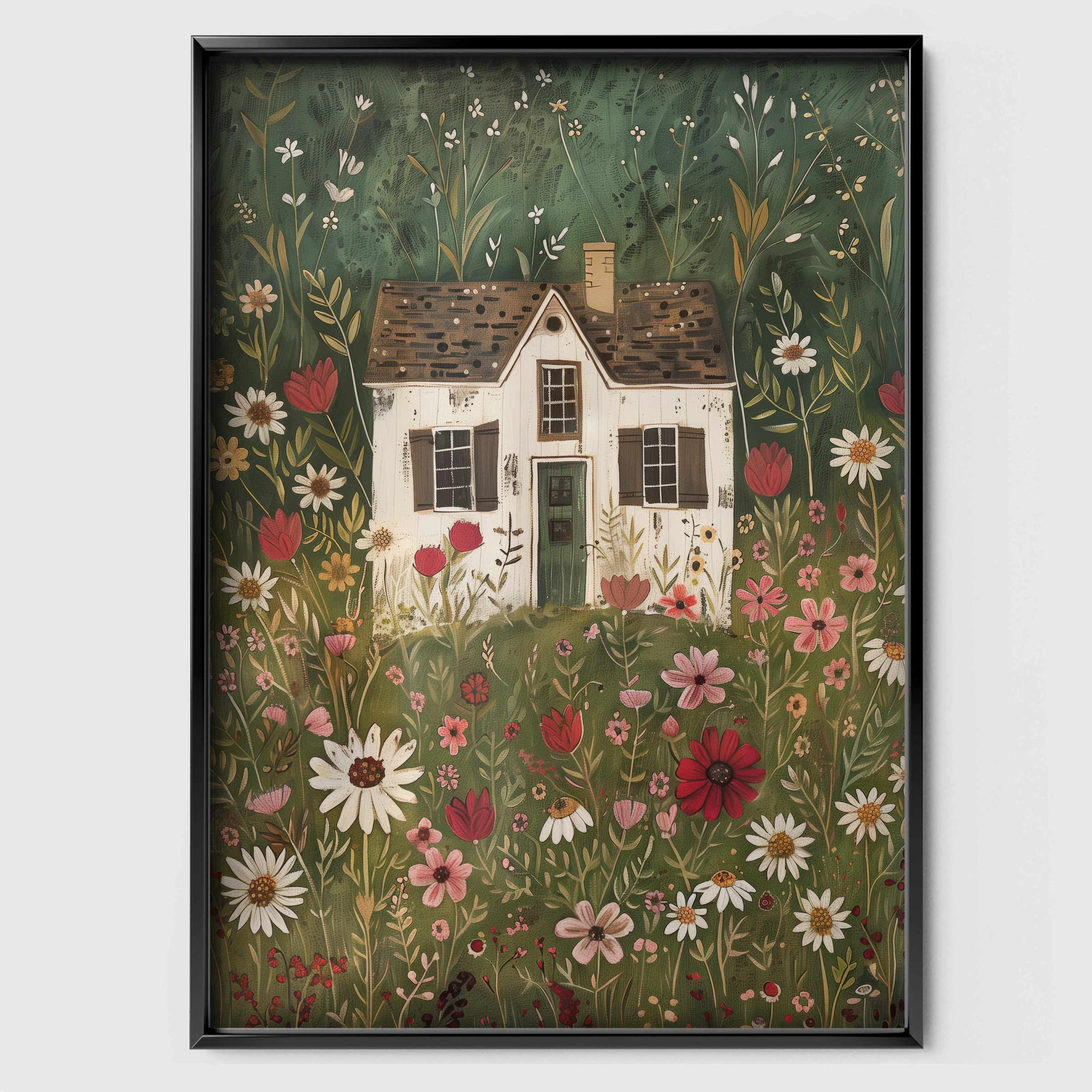 Cottage in Bloom Nursery Print - black framed nursery wall art print