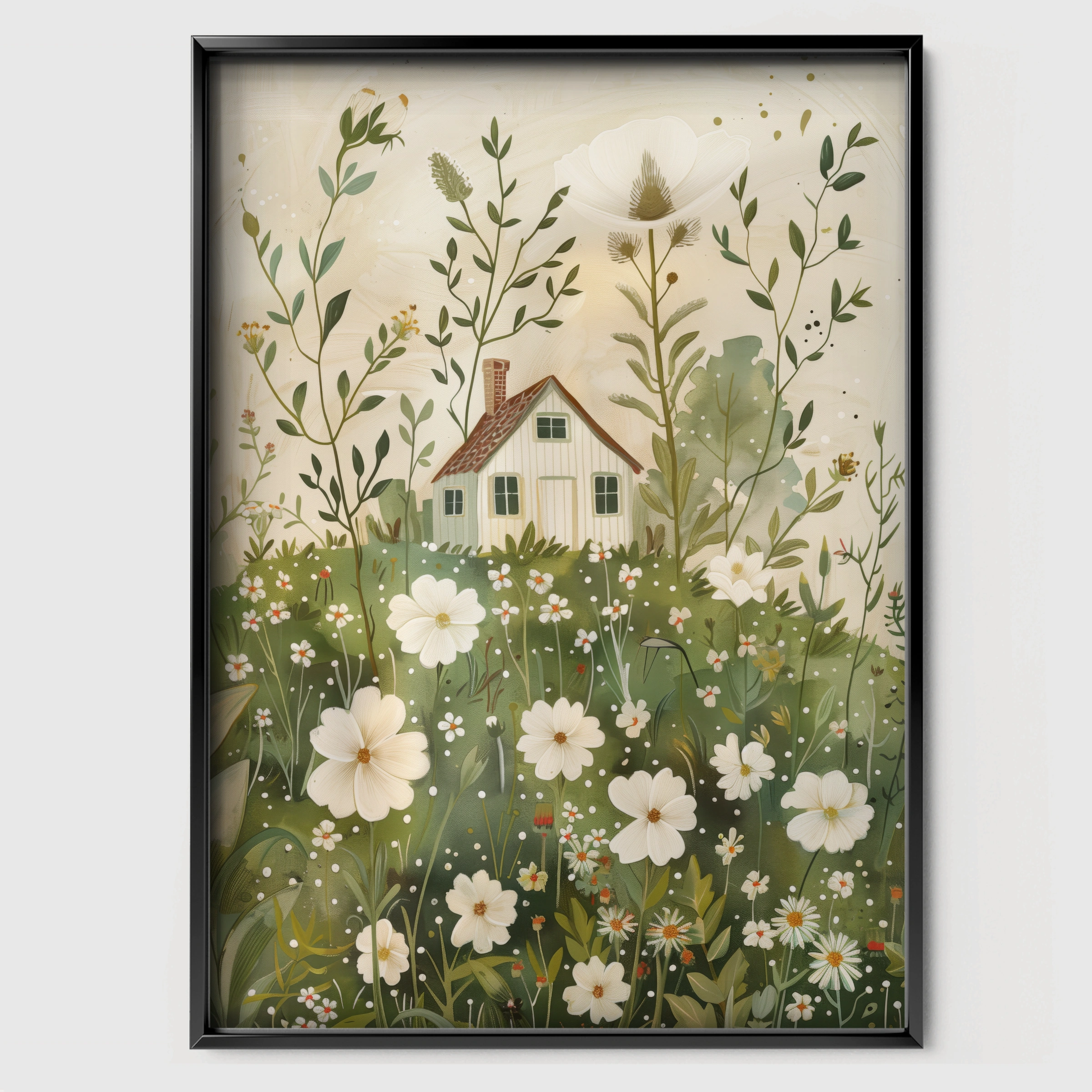 Cottage in Flowers Nursery Print - black framed nursery wall art print