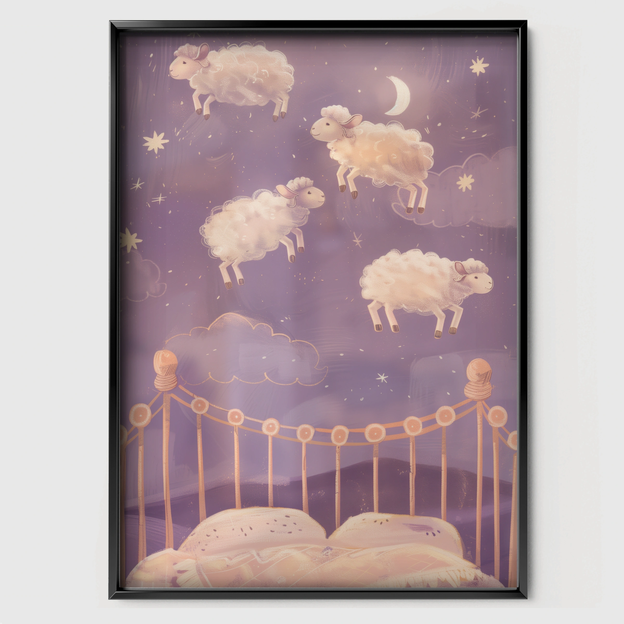 Counting Sheep Nursery Print - black framed nursery wall art print