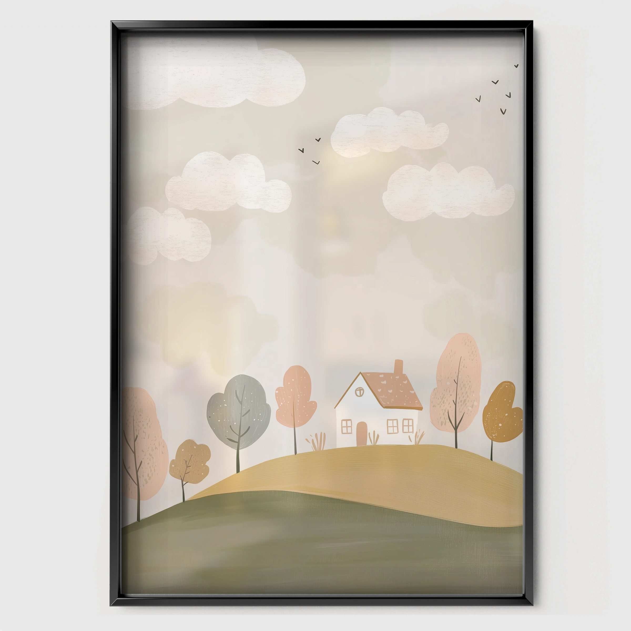 Countryside Village Nursery Print - black framed nursery wall art print