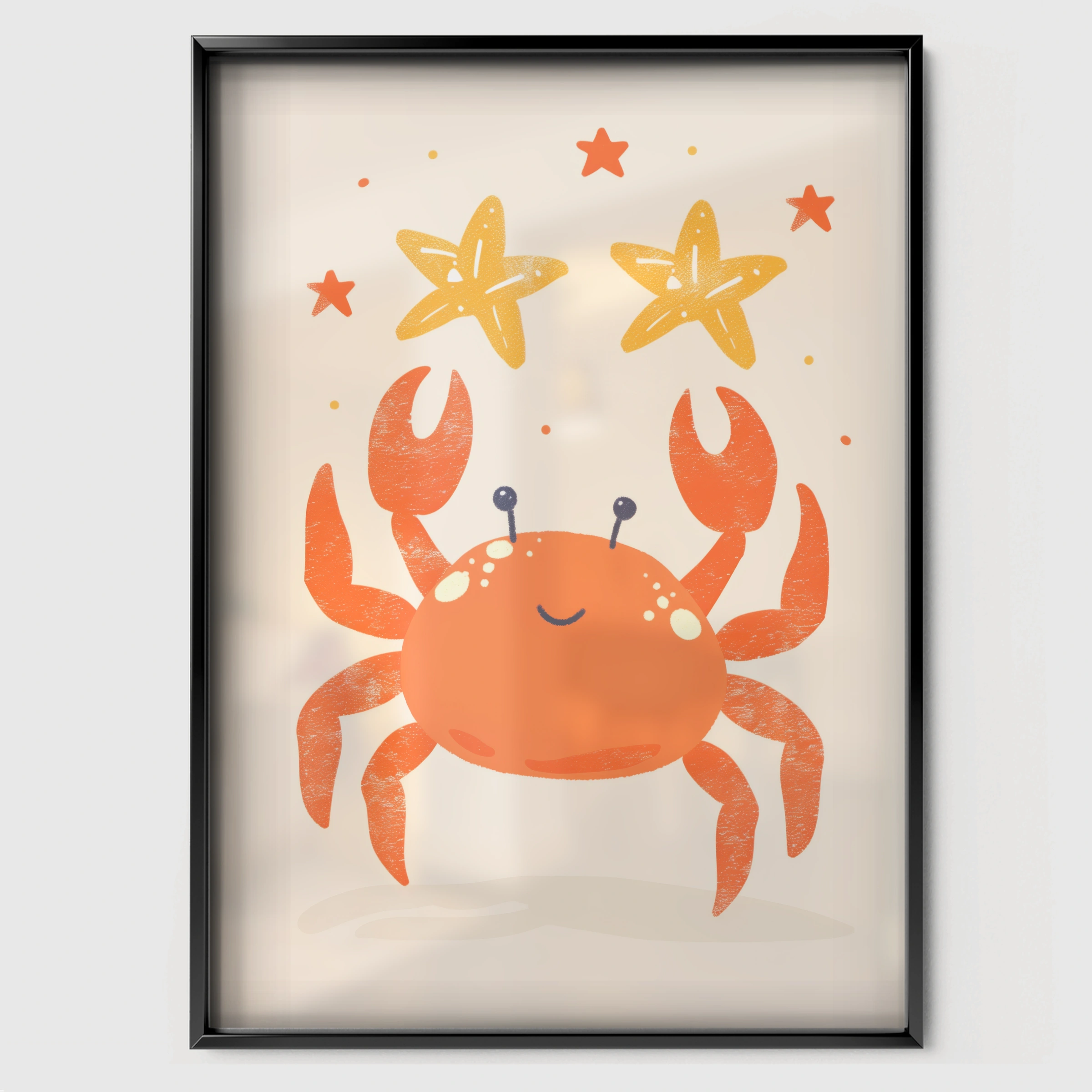 Crab and Stars Nursery Print - black framed nursery wall art print