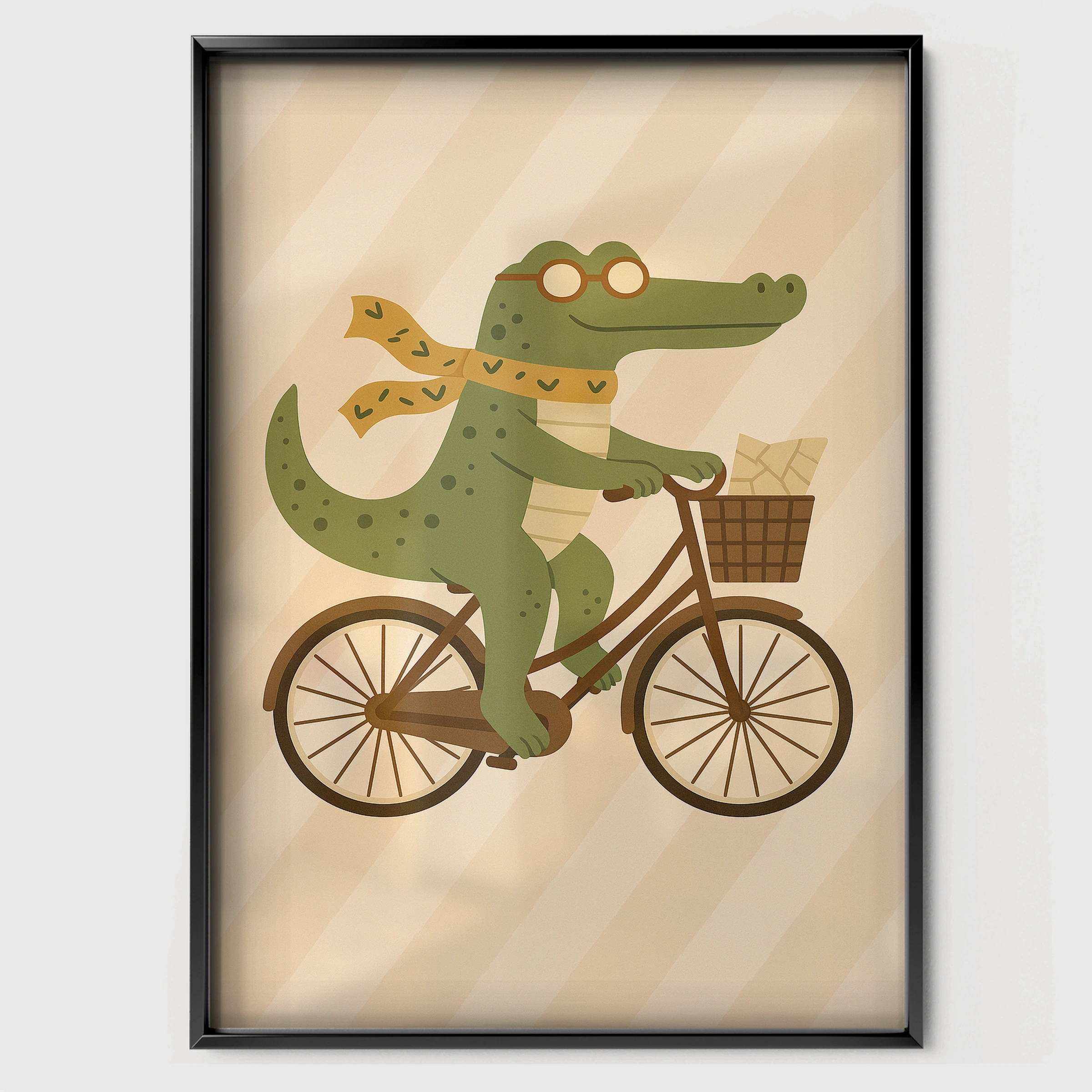 Crocodile on a Bicycle Nursery Print - black framed nursery wall art print