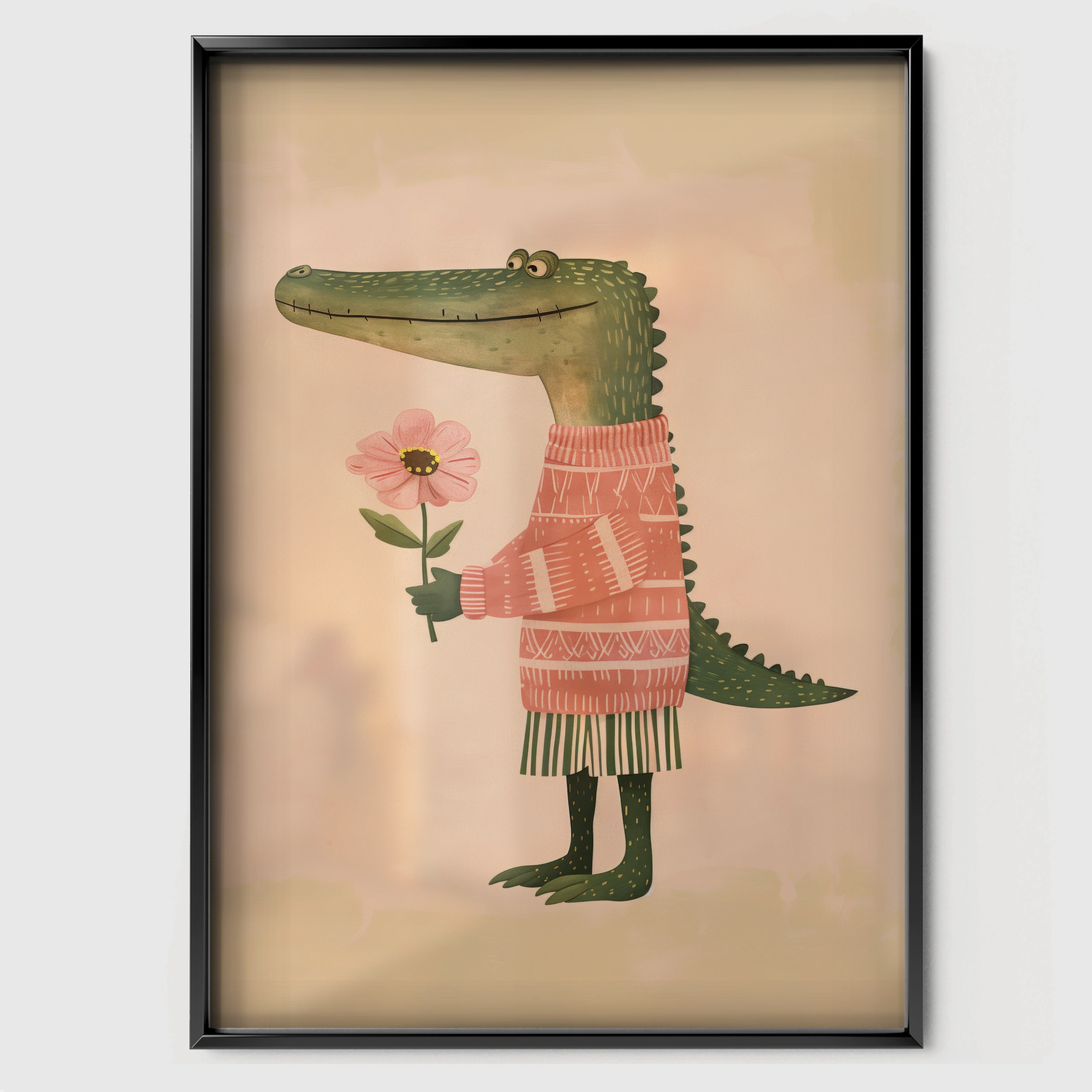 Crocodile with a Flower Nursery Print - black framed nursery wall art print