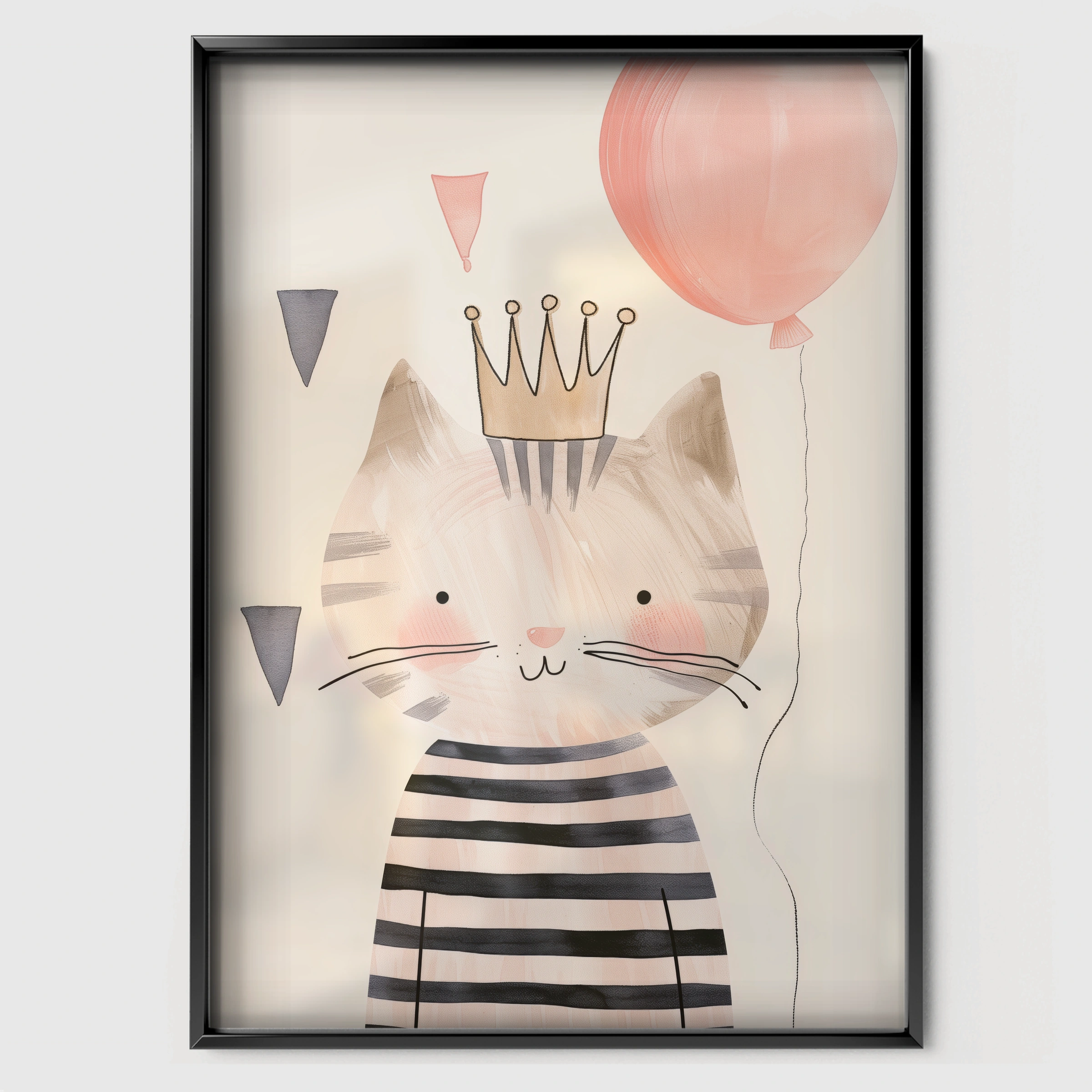 Crown Cat with a Balloon Nursery Print - black framed nursery wall art print