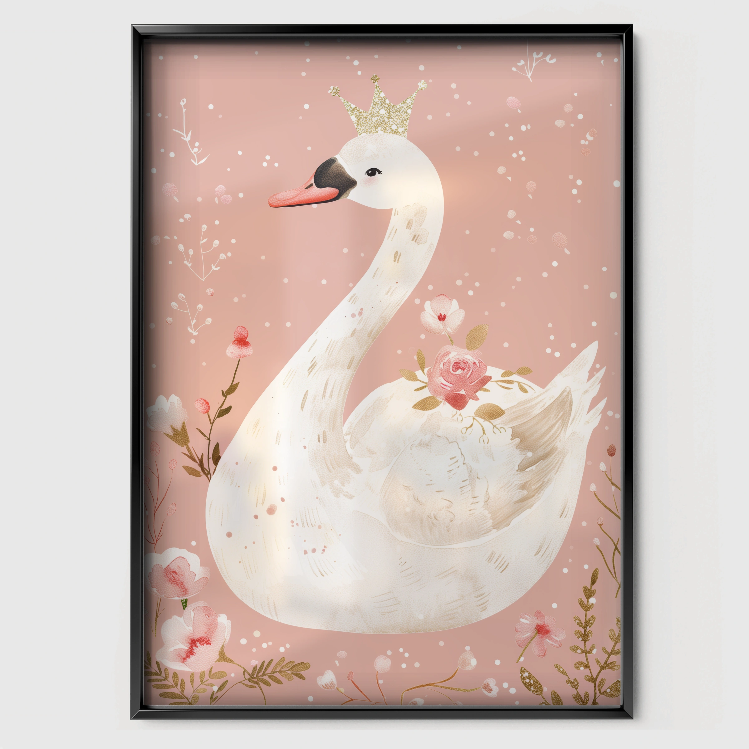 Crowned Swan Nursery Print - black framed nursery wall art print