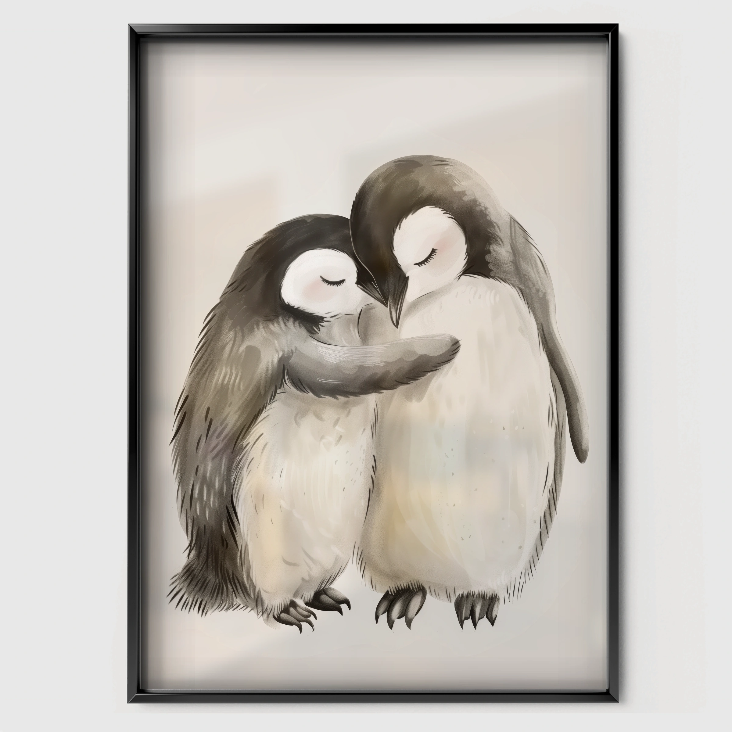 Cuddling Penguins Nursery Print - black framed nursery wall art print