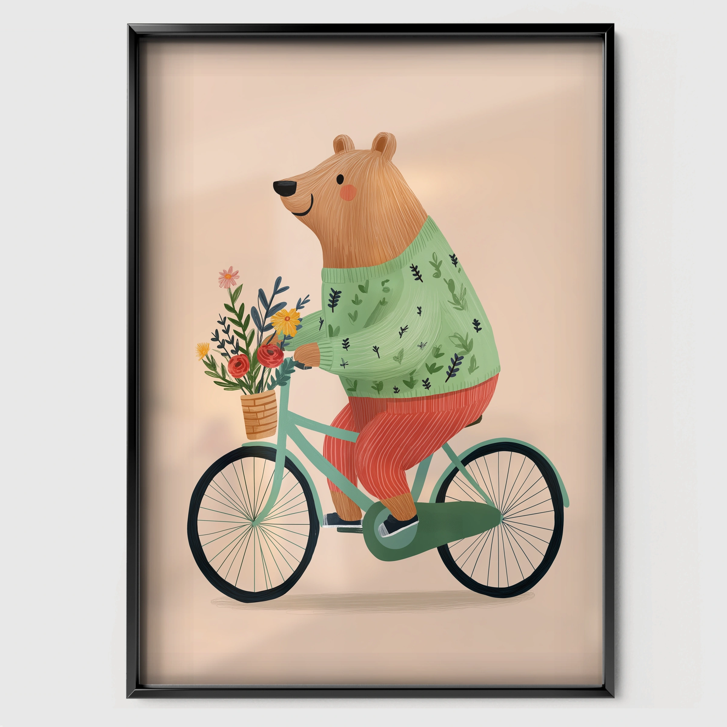 Cycling Bear Nursery Print - black framed nursery wall art print