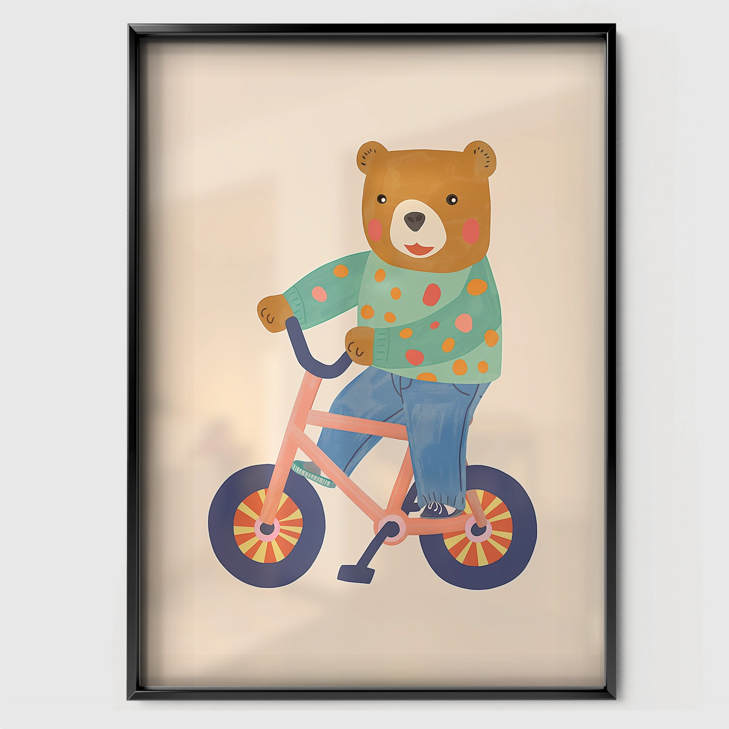 Cycling Bear Two Nursery Print - black framed nursery wall art print