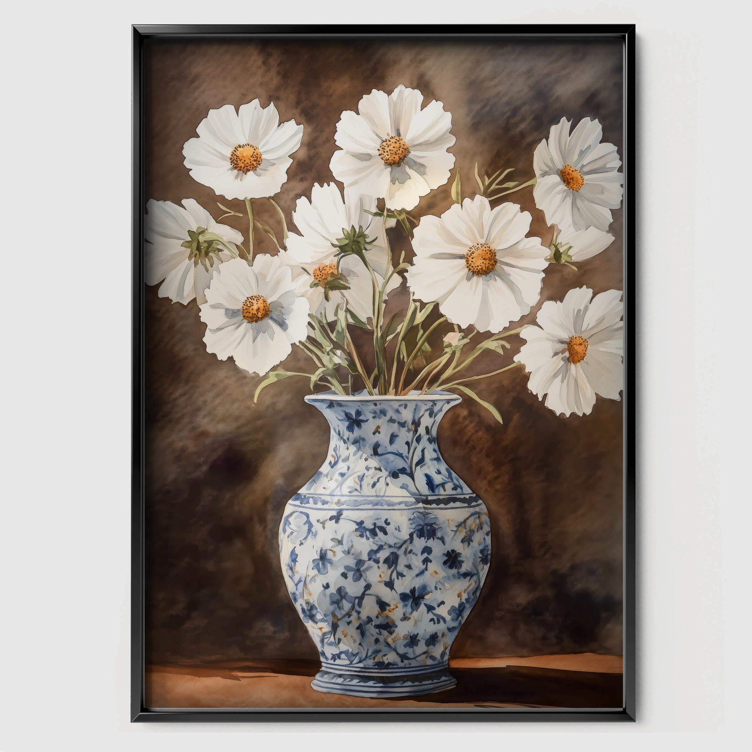 Daisies in a Blue Vase Nursery Print - black framed nursery wall art print