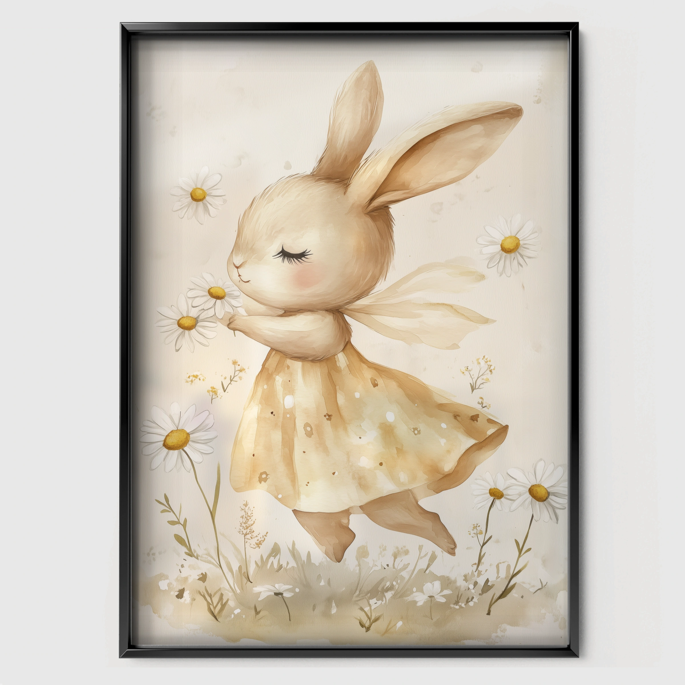 Daisy Bunny Nursery Print - black framed nursery wall art print