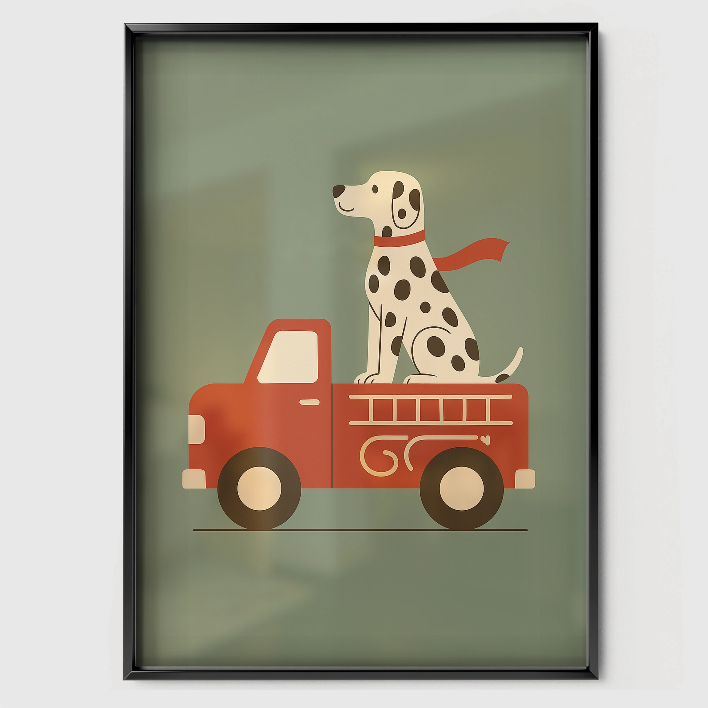 Dalmatian Fire Truck Nursery Print - black framed nursery wall art print