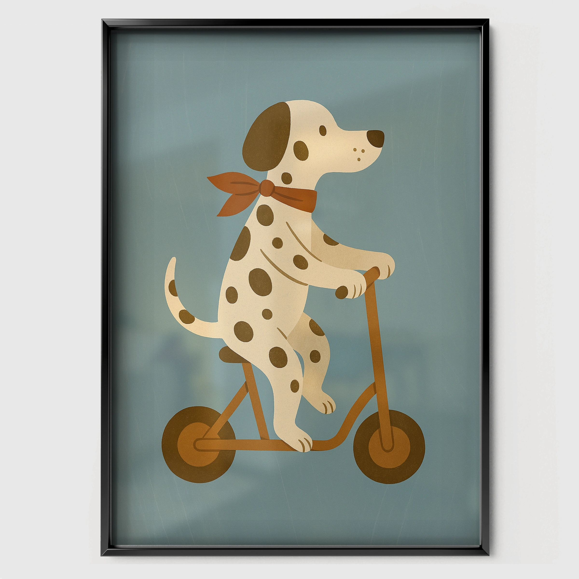 Dalmatian on a Scooter Nursery Print - black framed nursery wall art print