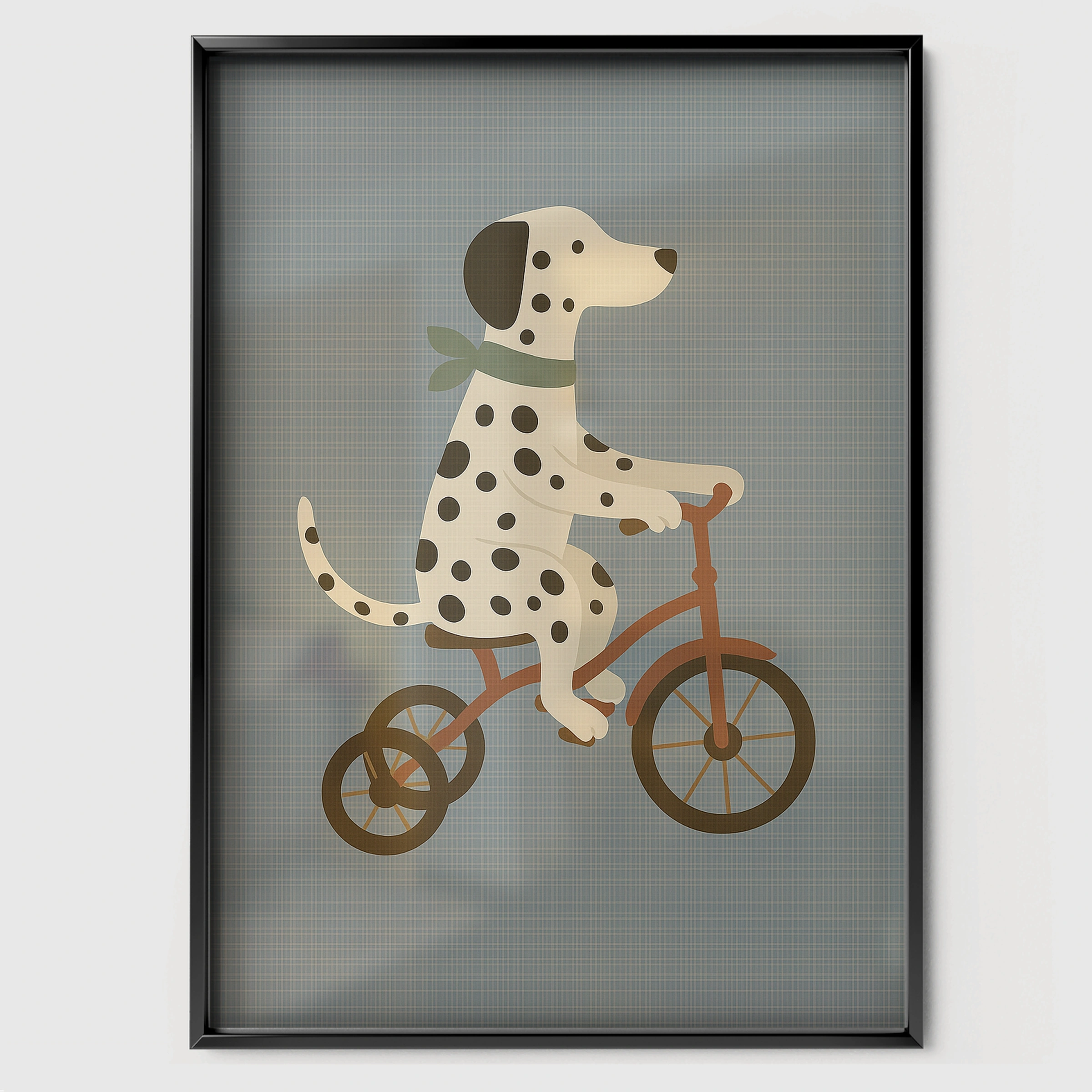 Dalmatian on a Tricycle Nursery Print - black framed nursery wall art print