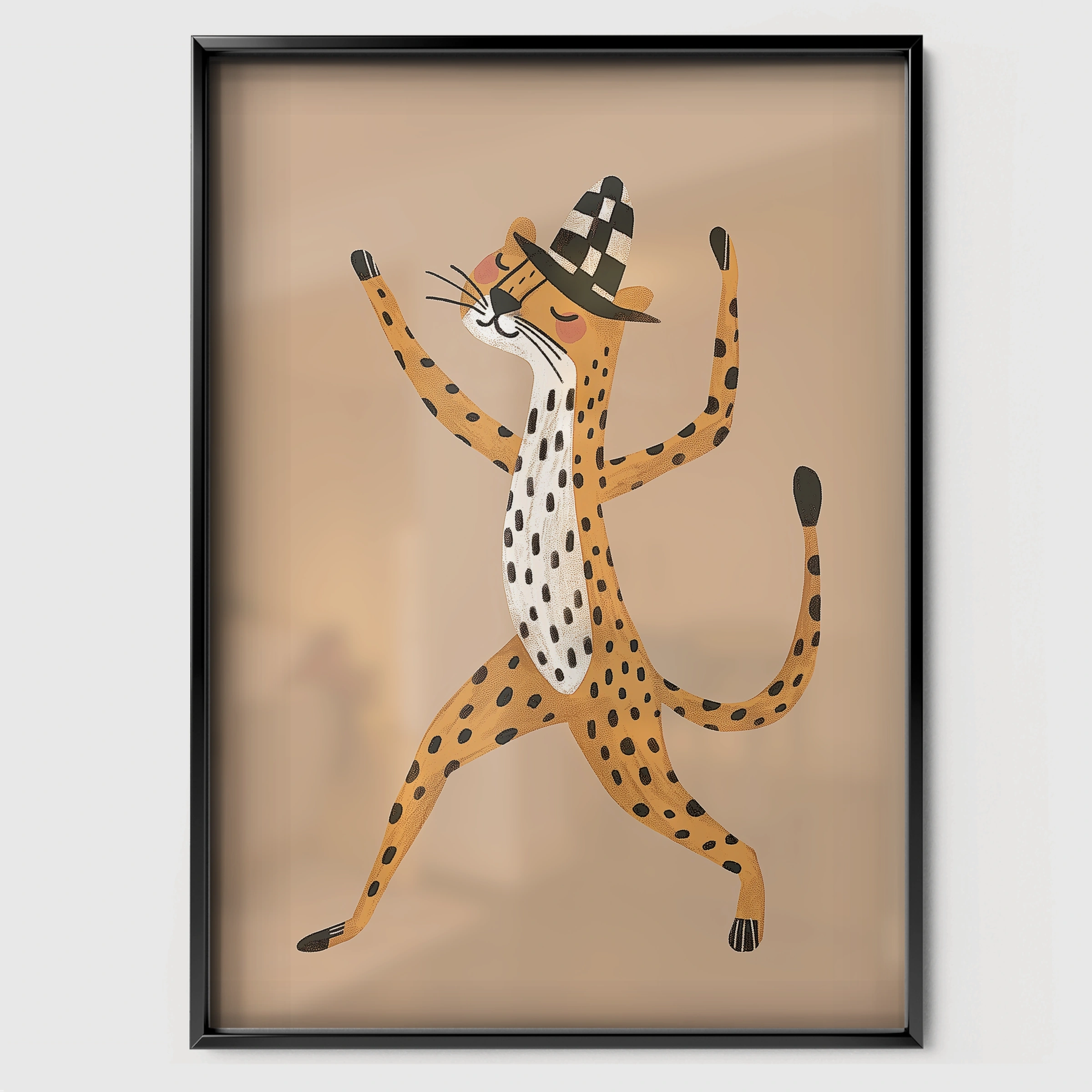 Dancing Cheetah Nursery Print - black framed nursery wall art print