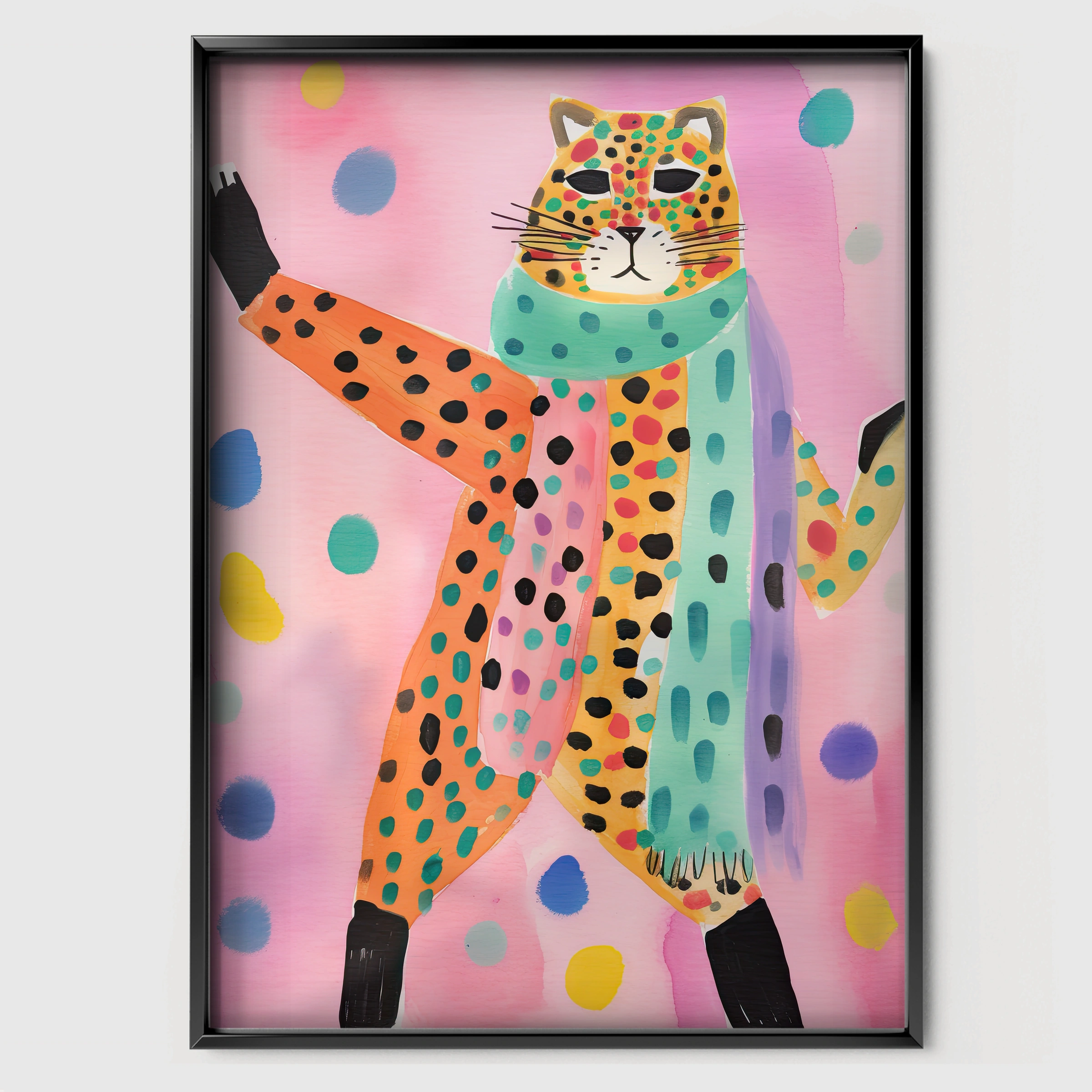 Dancing Leopard Nursery Print - black framed nursery wall art print