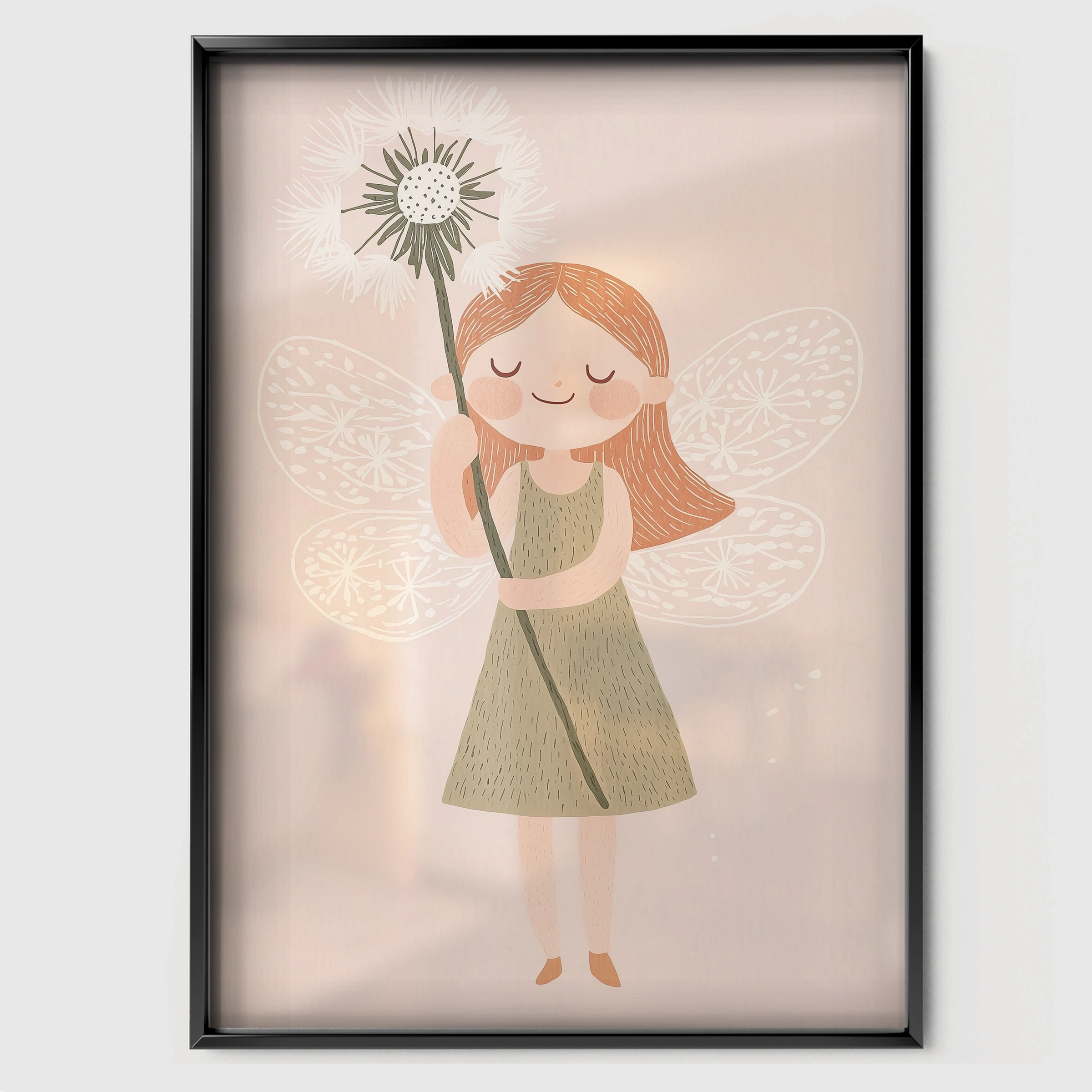 Dandelion Girl Nursery Print - black framed nursery wall art print