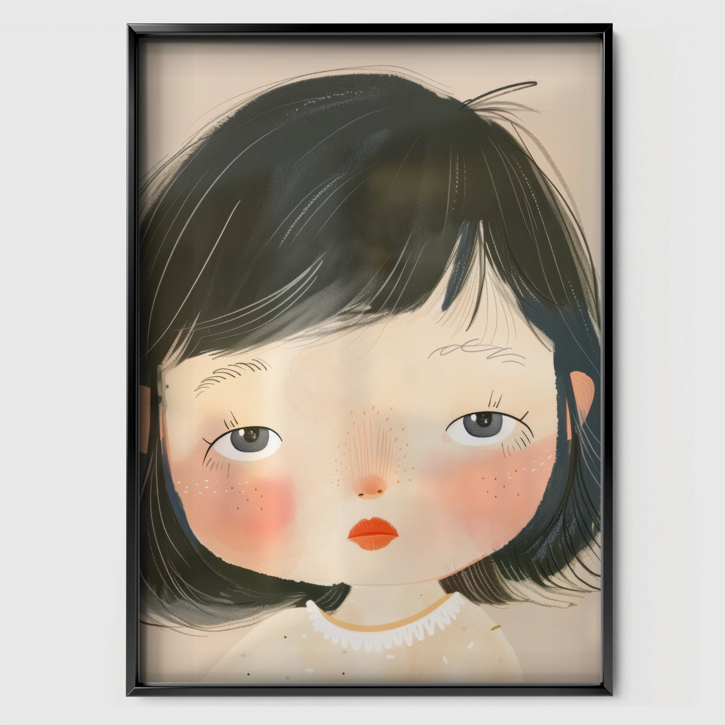 Dark Hair Girl Portrait Nursery Print - black framed nursery wall art print