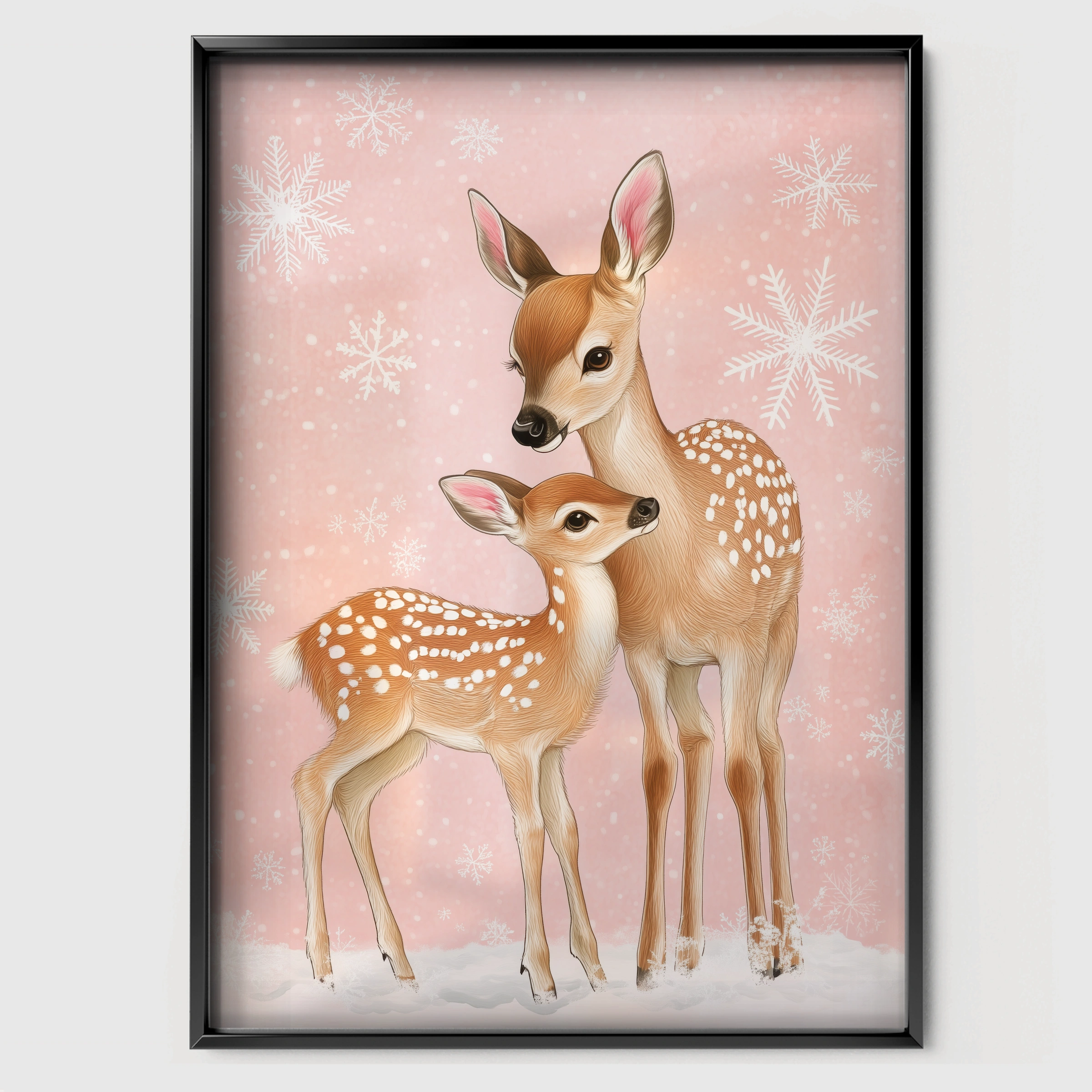 Deer and Fawn Christmas Print - black framed nursery wall art print