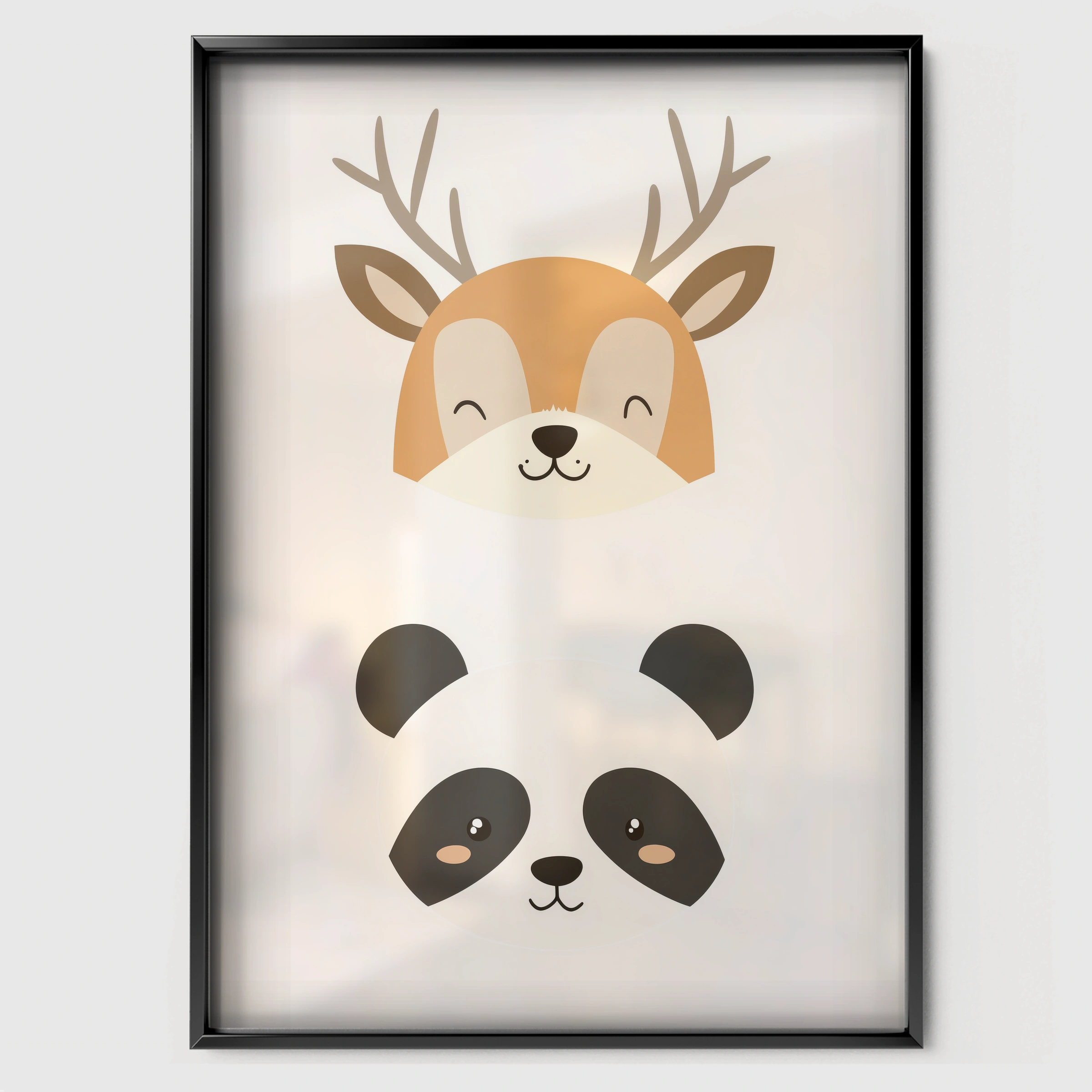 Deer and Panda Nursery Print - black framed nursery wall art print