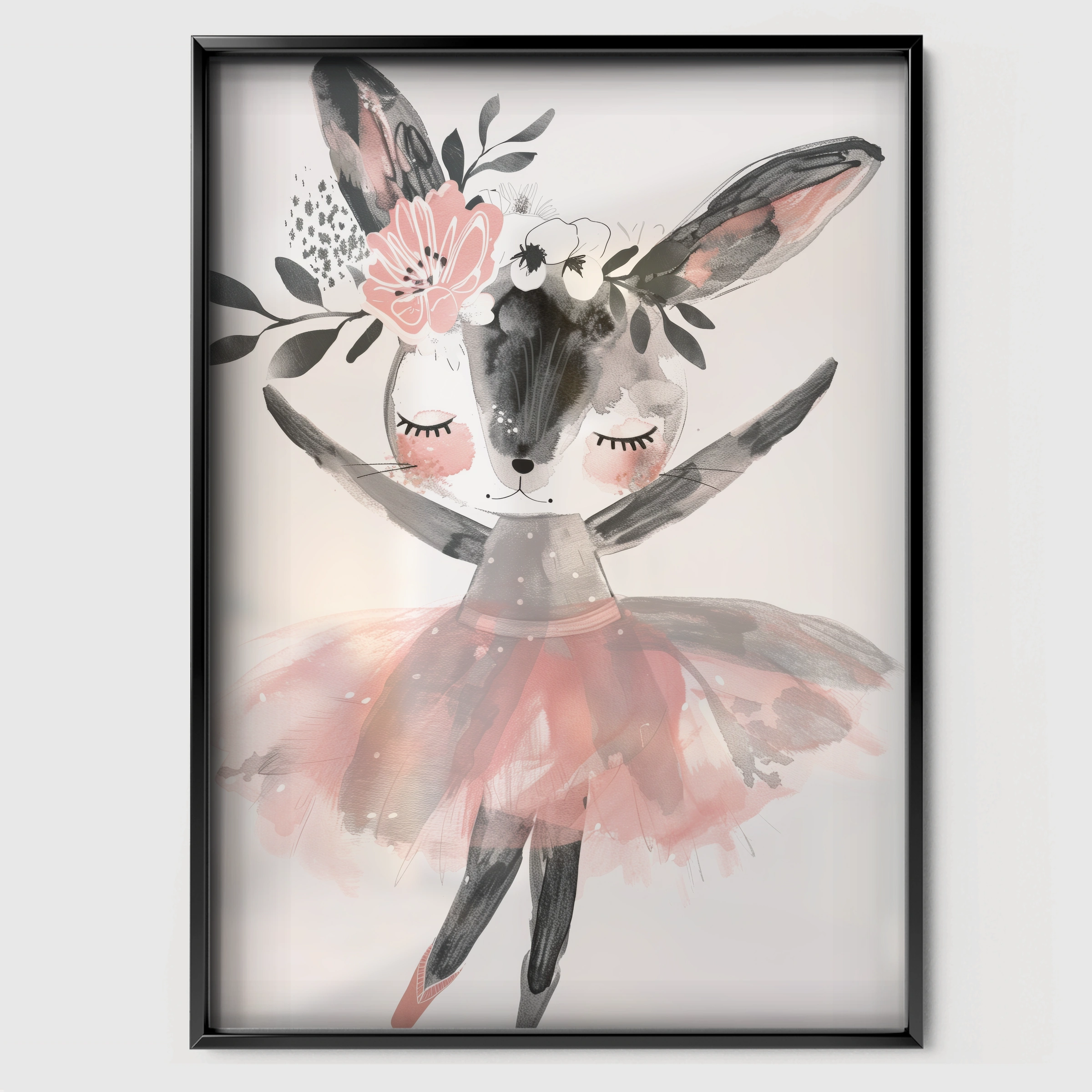 Deer Ballerina Nursery Print - black framed nursery wall art print