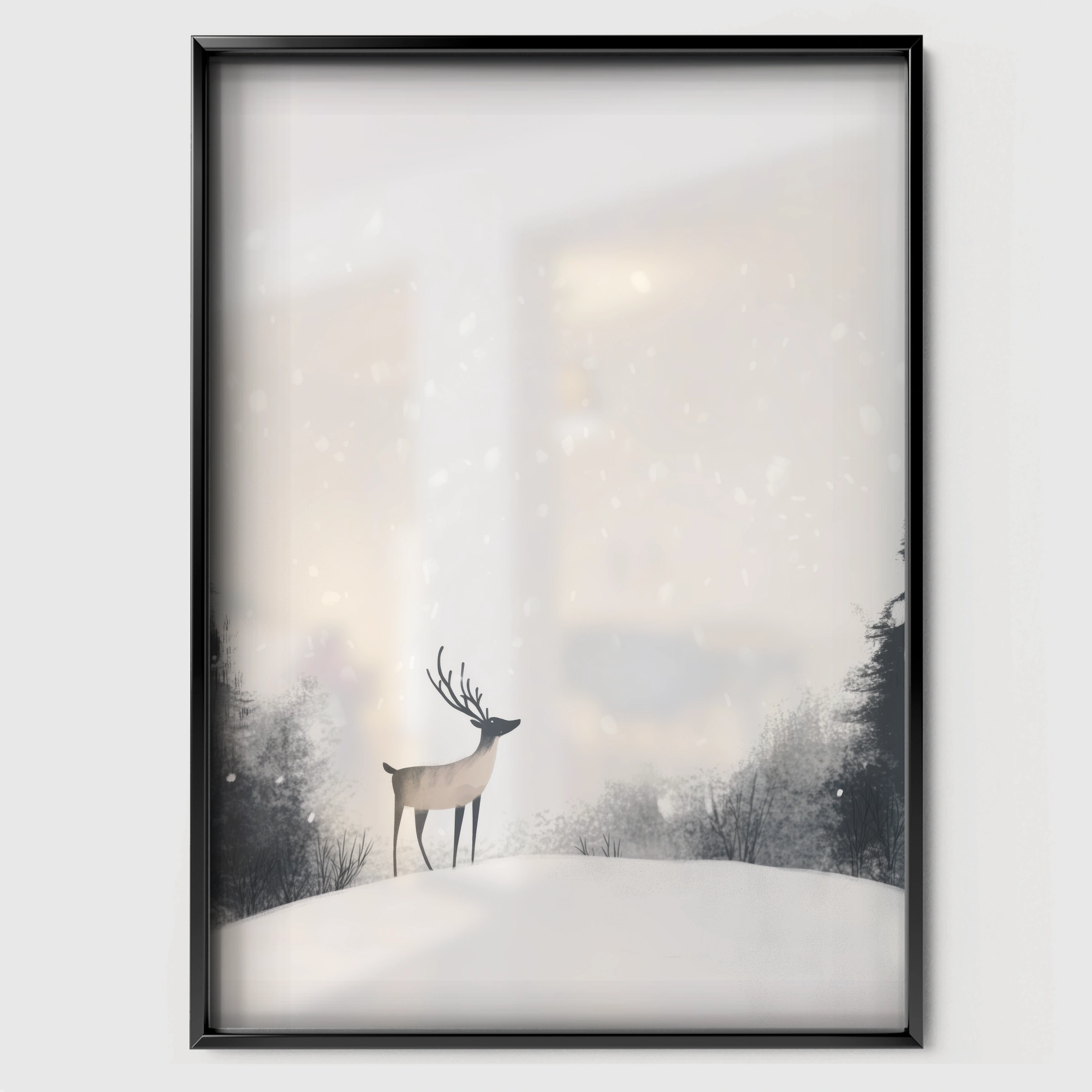 Deer in the Snow Christmas Print - black framed nursery wall art print