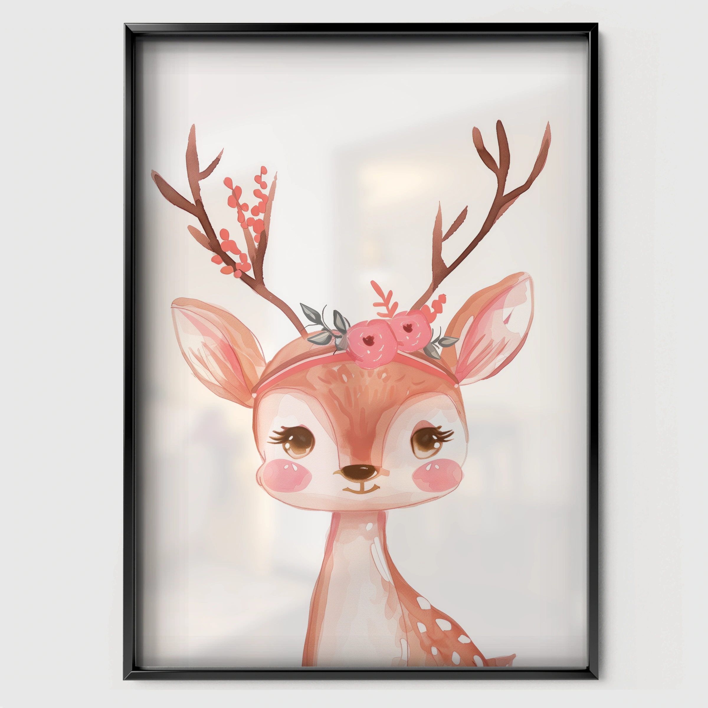 Deer with Flowers Nursery Print - black framed nursery wall art print