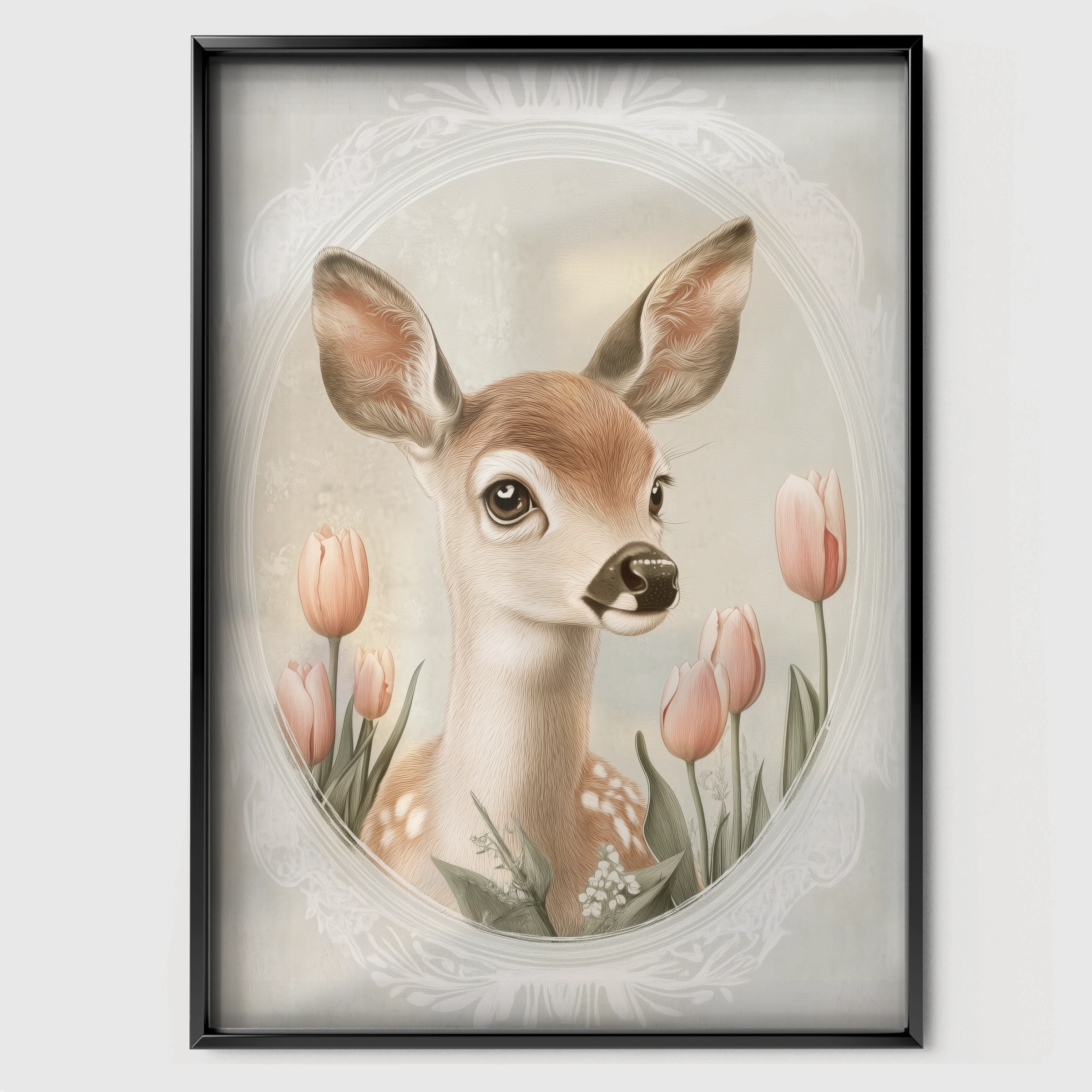 Deer with Tulips Nursery Print - black framed nursery wall art print