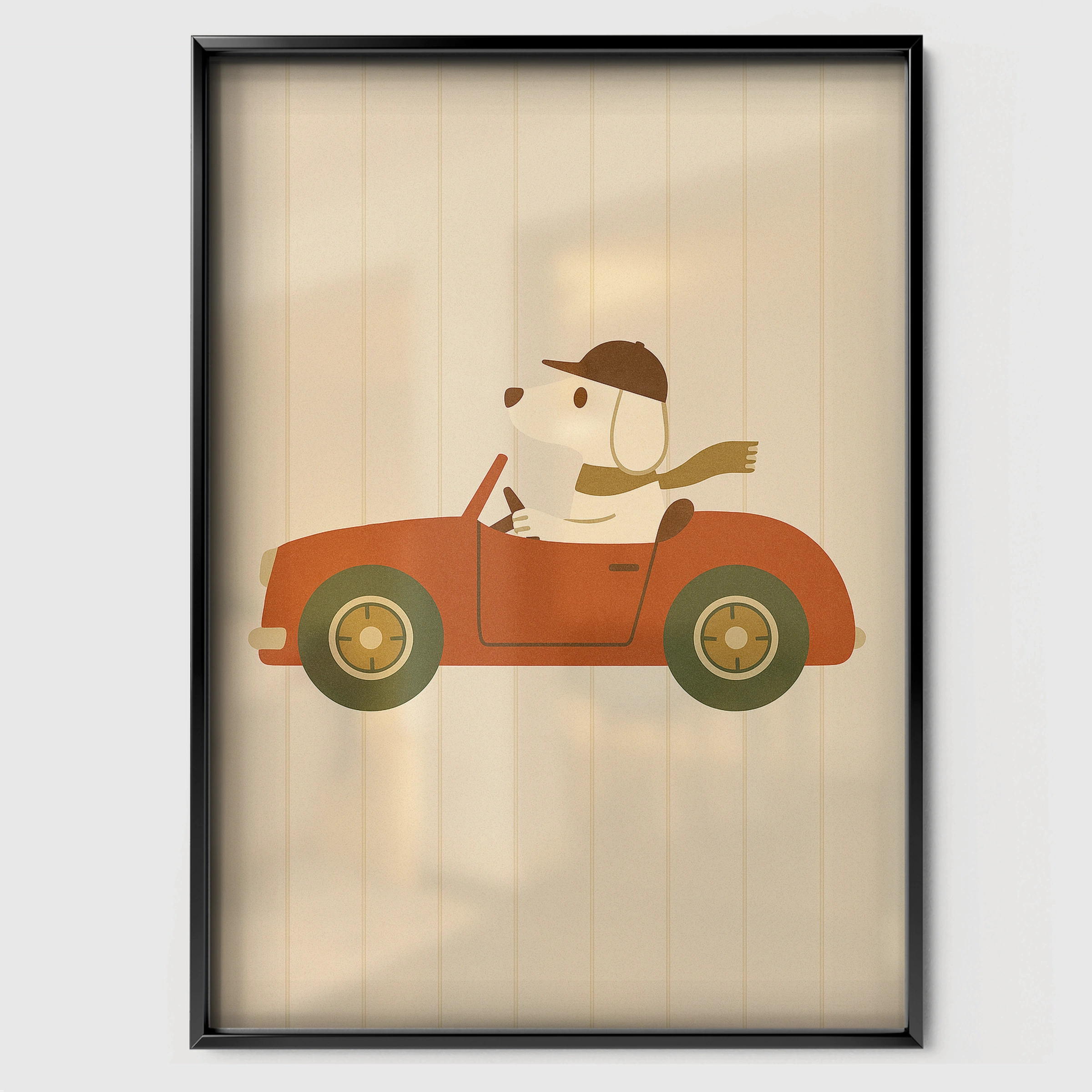 Dog Driving a Car Nursery Print - black framed nursery wall art print