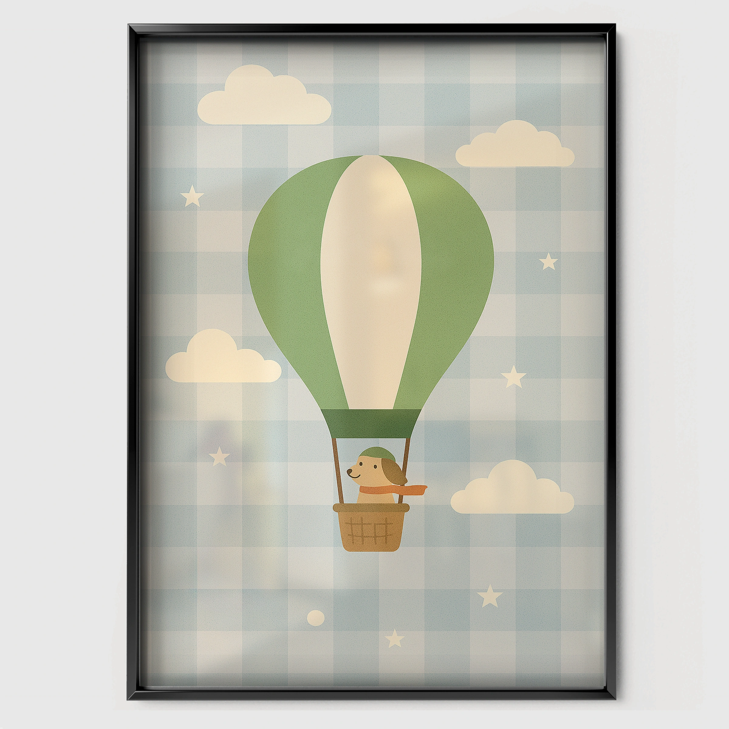 Dog Hot Air Balloon Nursery Print - black framed nursery wall art print