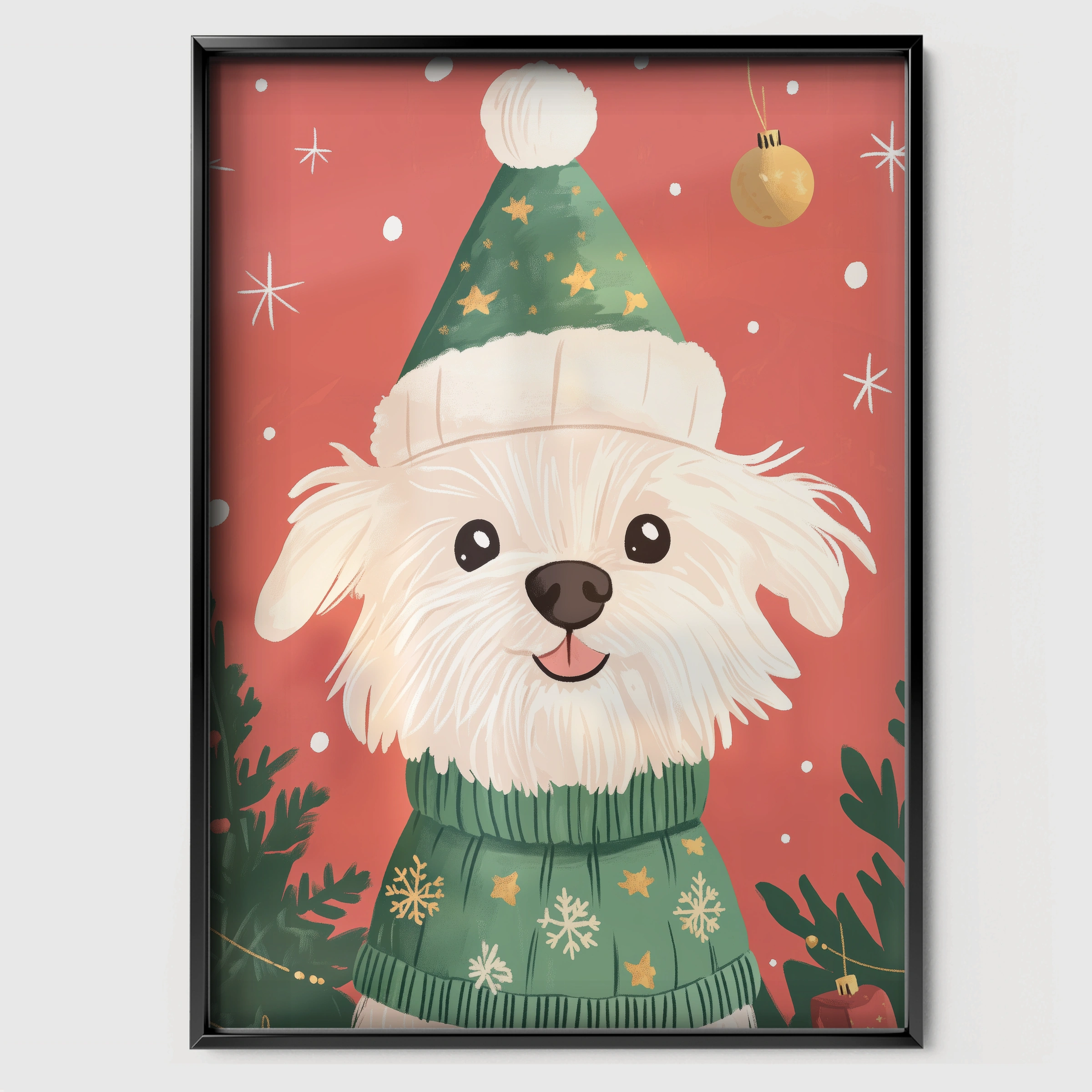Dog in a Green Sweater Christmas Print - black framed nursery wall art print