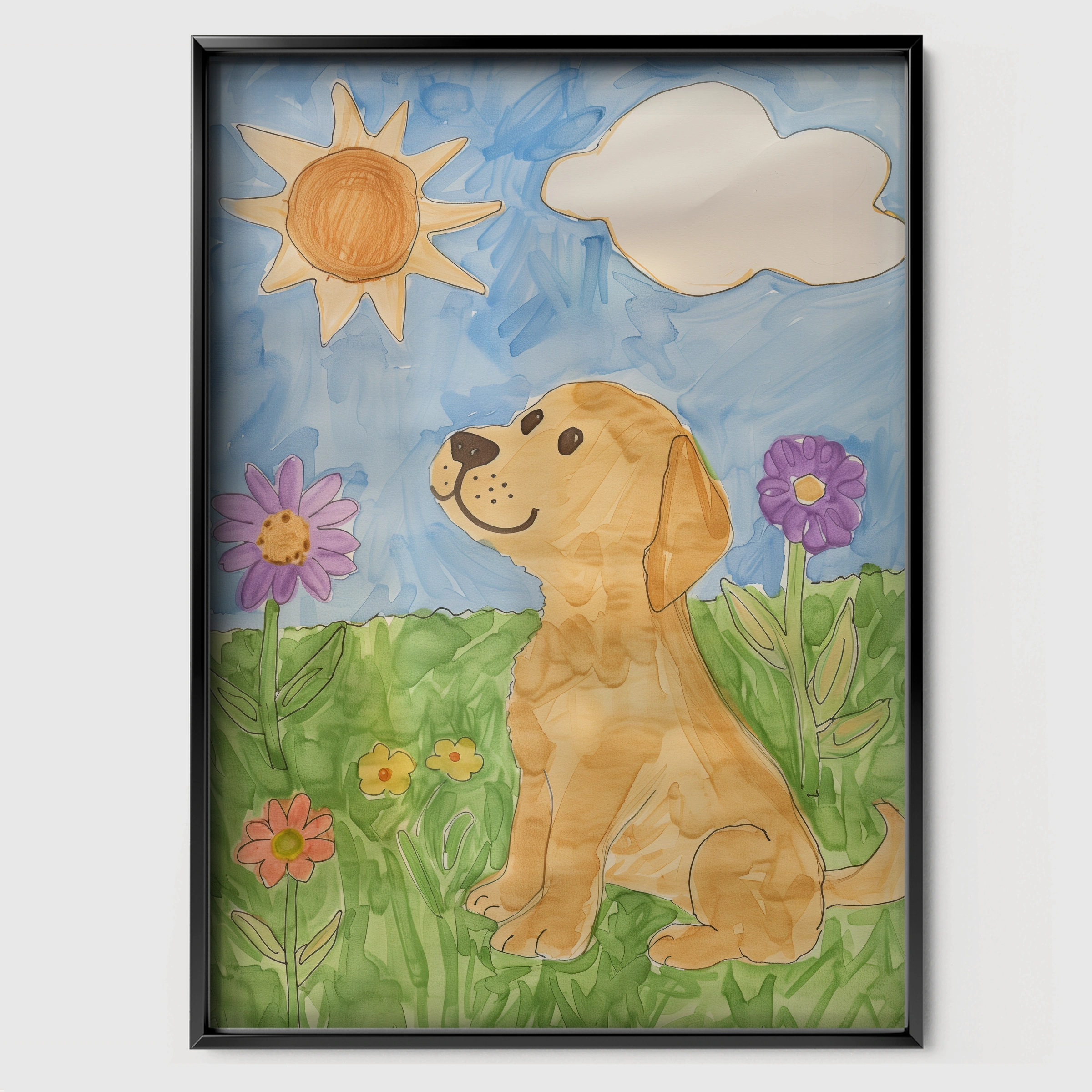 Dog in a Meadow Nursery Print - black framed nursery wall art print