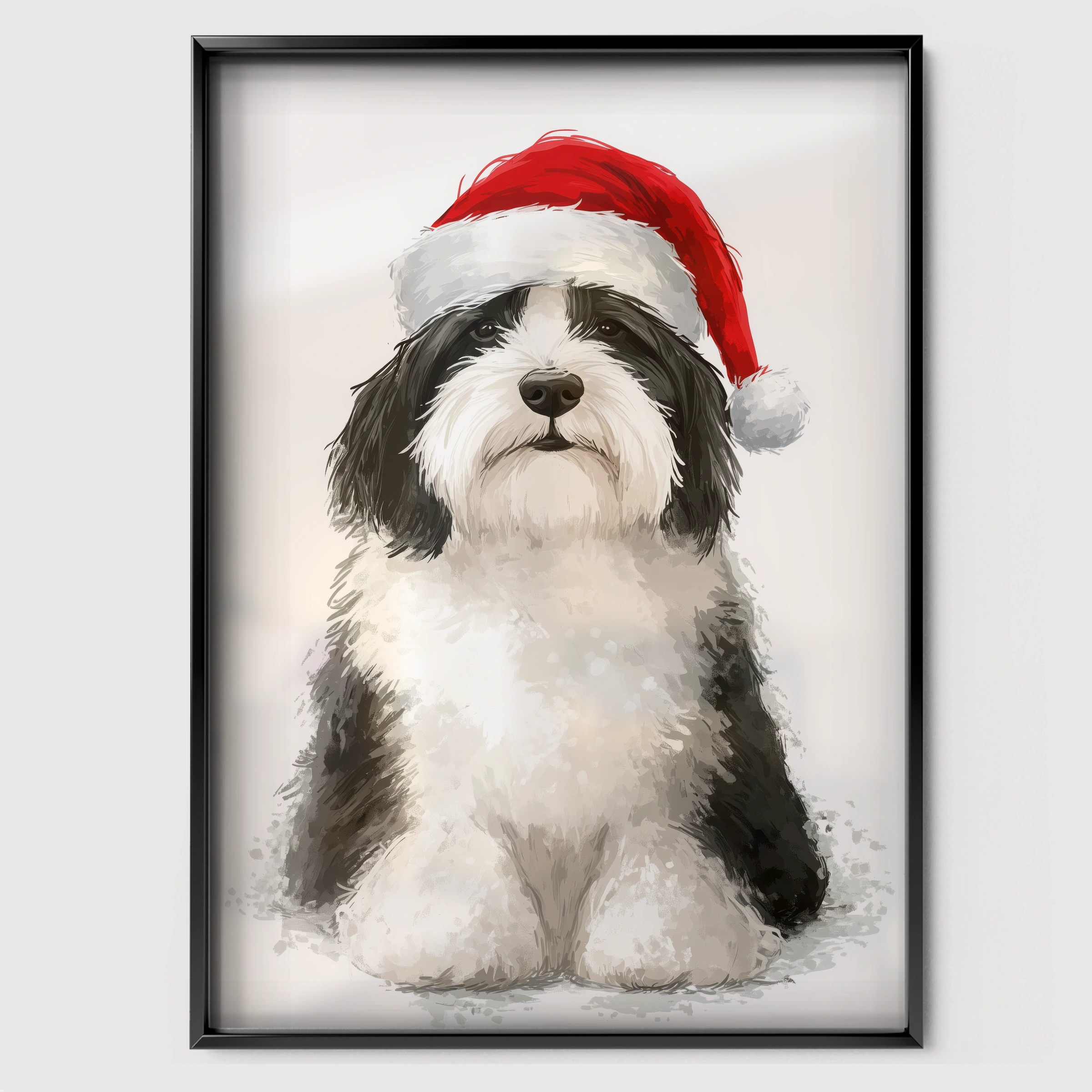 Dog in a Santa Hat Christmas Print - black framed nursery wall art print