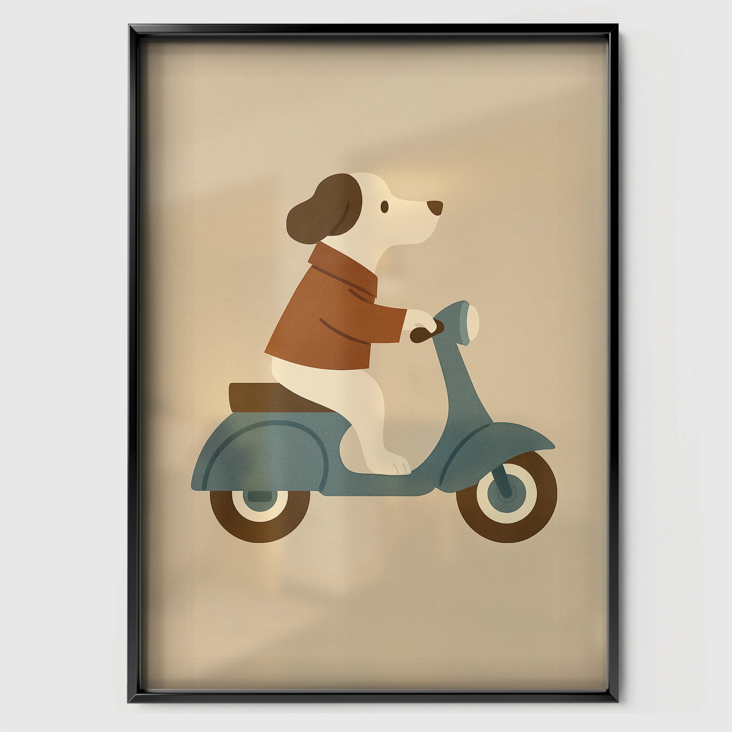 Dog on a Scooter Nursery Print - black framed nursery wall art print