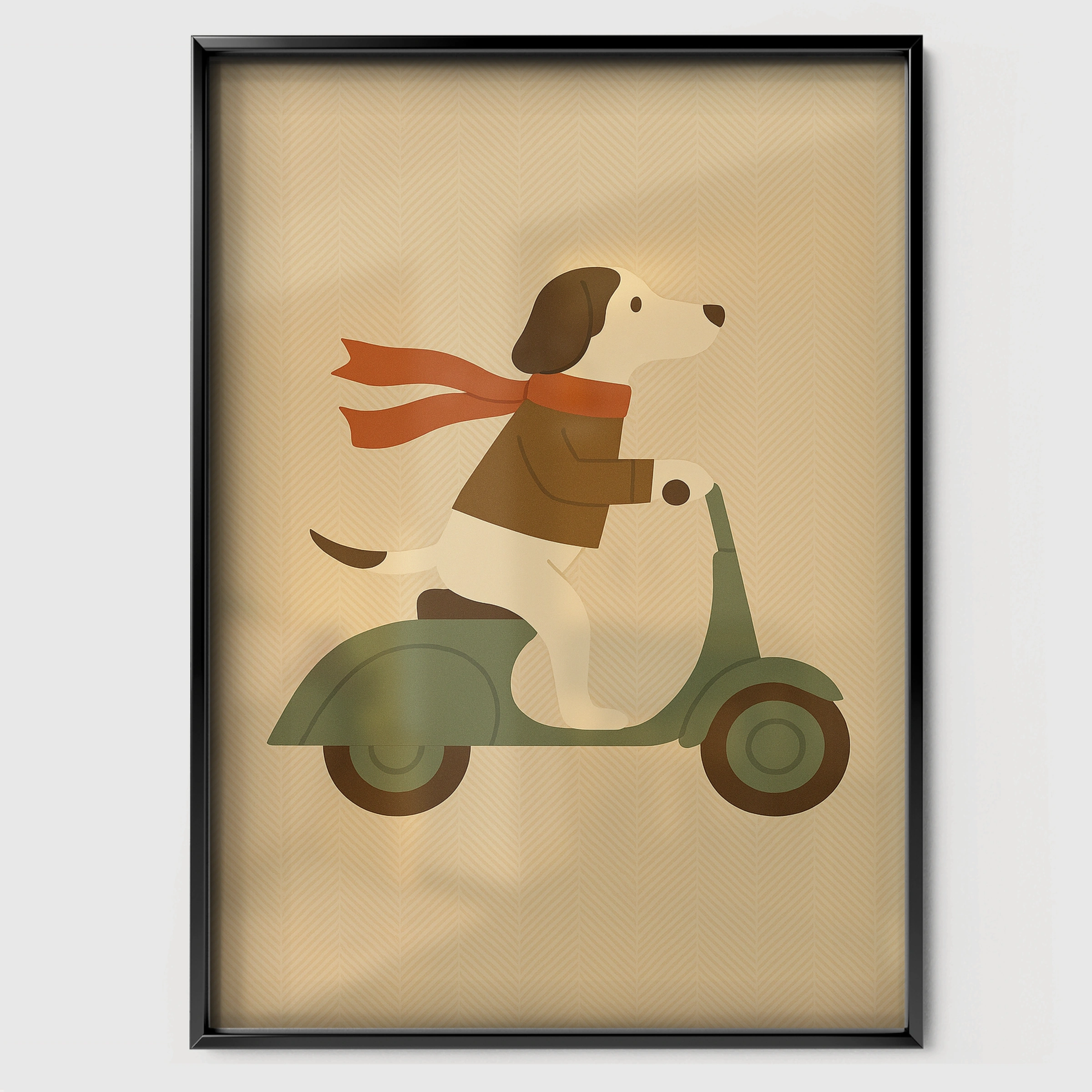 Dog on a Scooter Two Nursery Print - black framed nursery wall art print