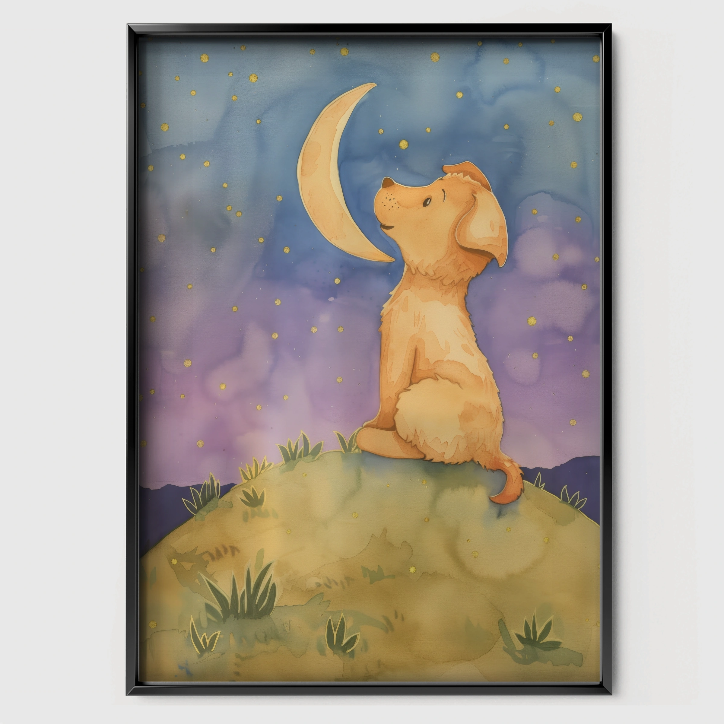 Dog Under the Moon Nursery Print - black framed nursery wall art print