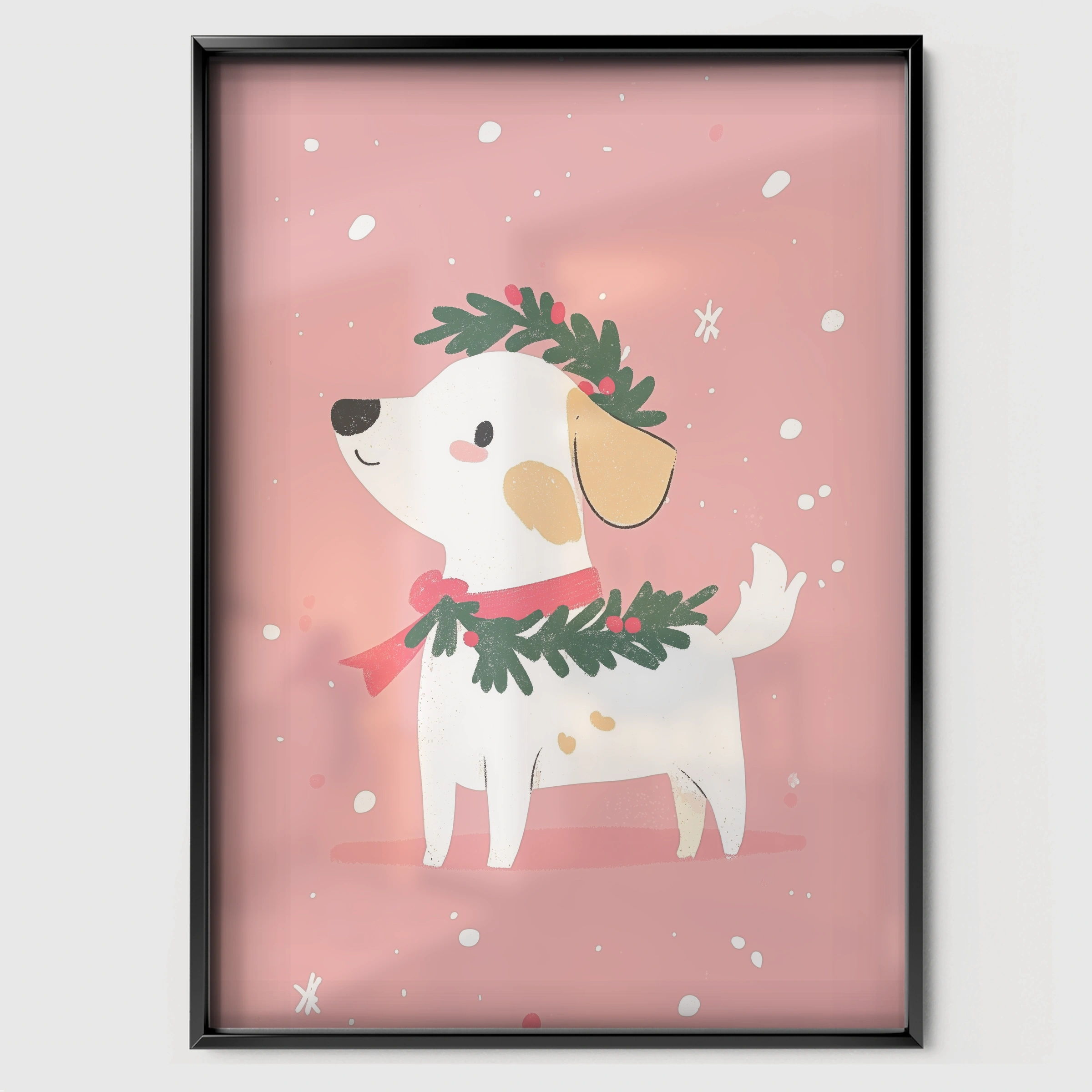 Dog with a Wreath Christmas Print - black framed nursery wall art print