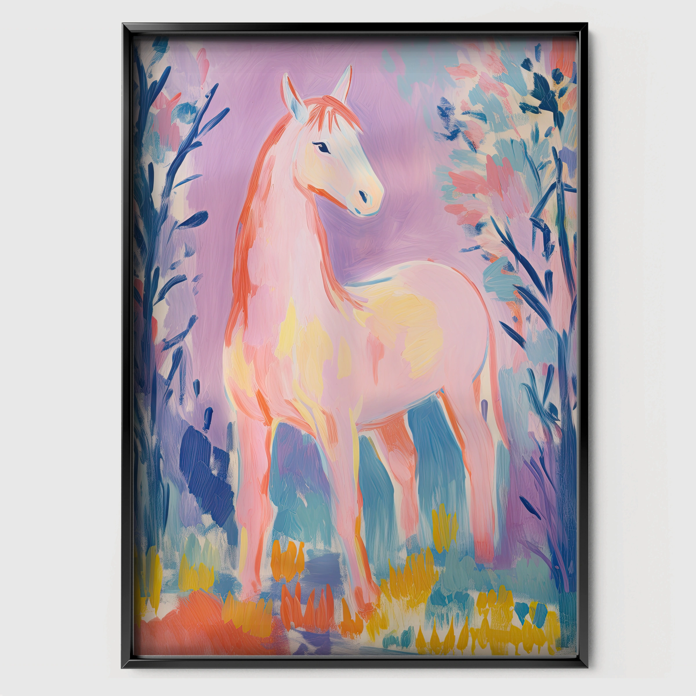 Dreamy Pink Horse Nursery Print - black framed nursery wall art print