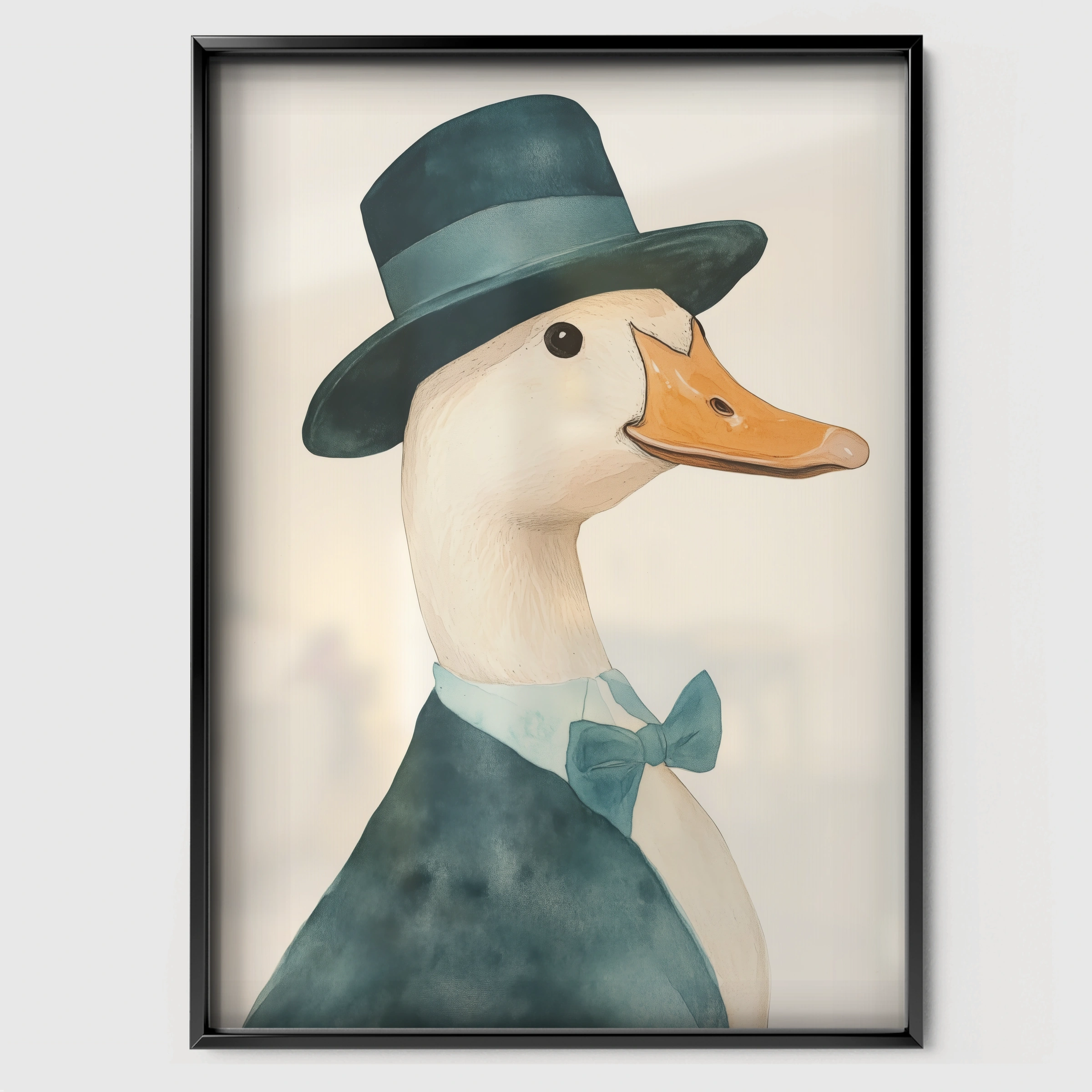 Duck in a Hat and Coat Nursery Print - black framed nursery wall art print