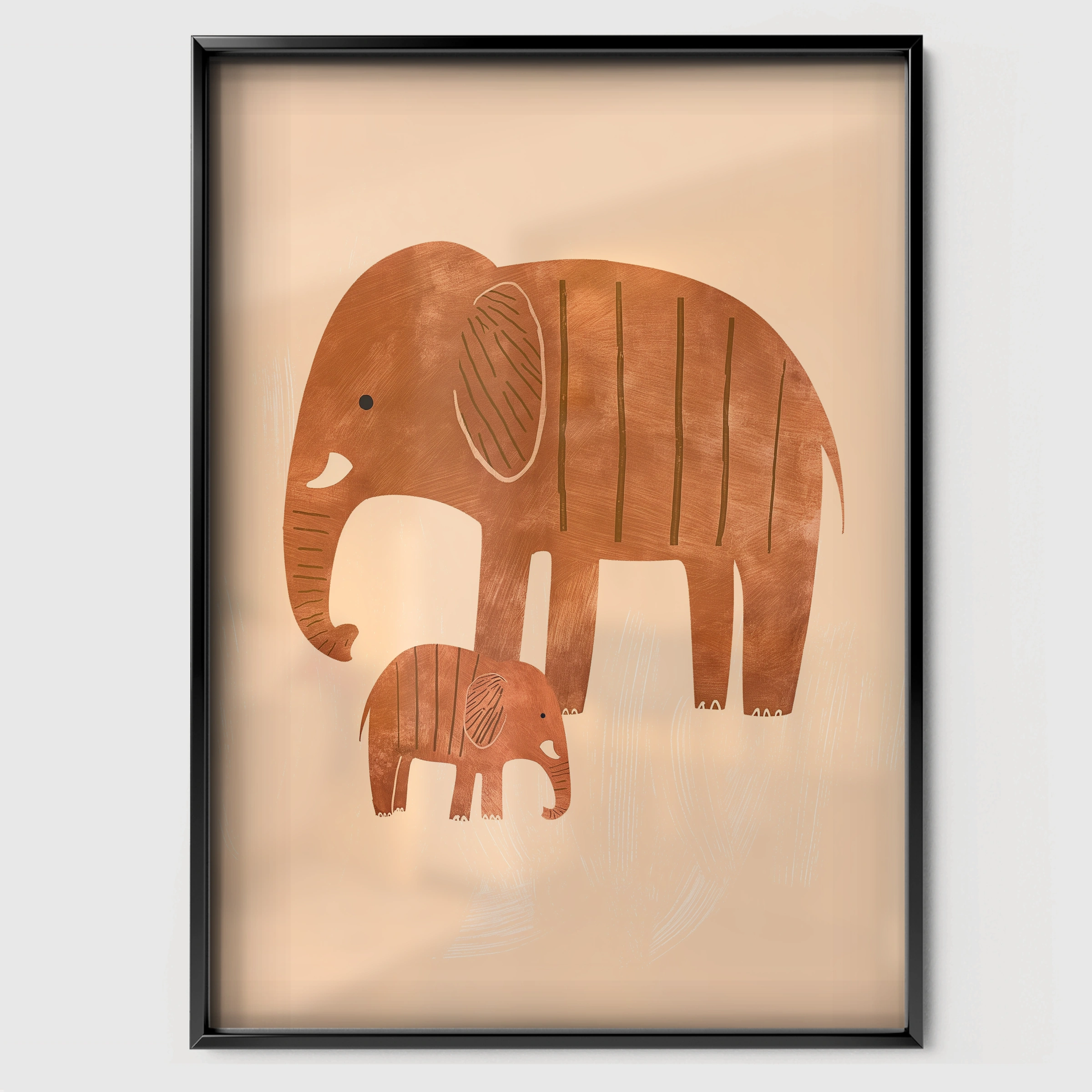 Elephant and Calf Nursery Print - black framed nursery wall art print