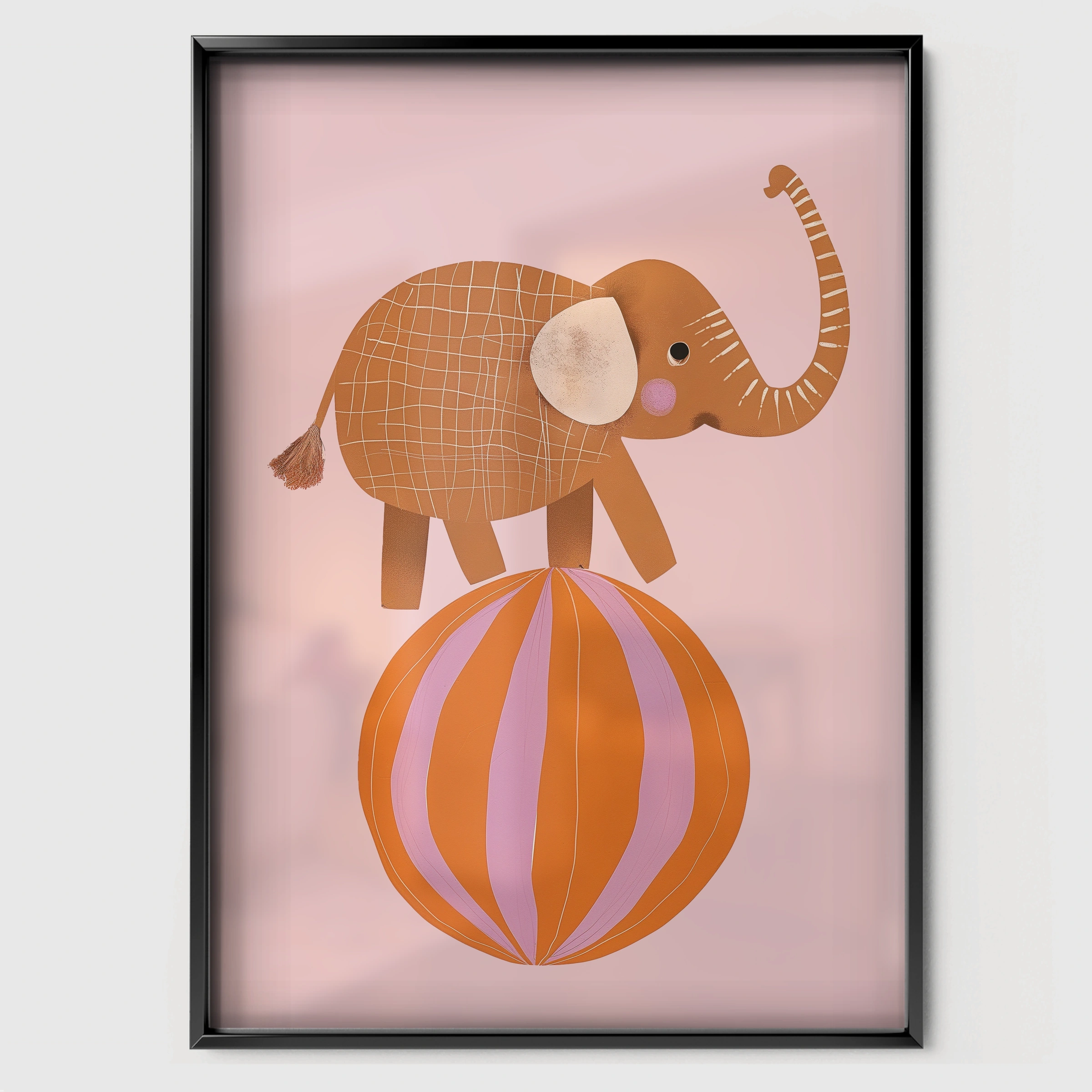 Elephant on a Ball Nursery Print - black framed nursery wall art print