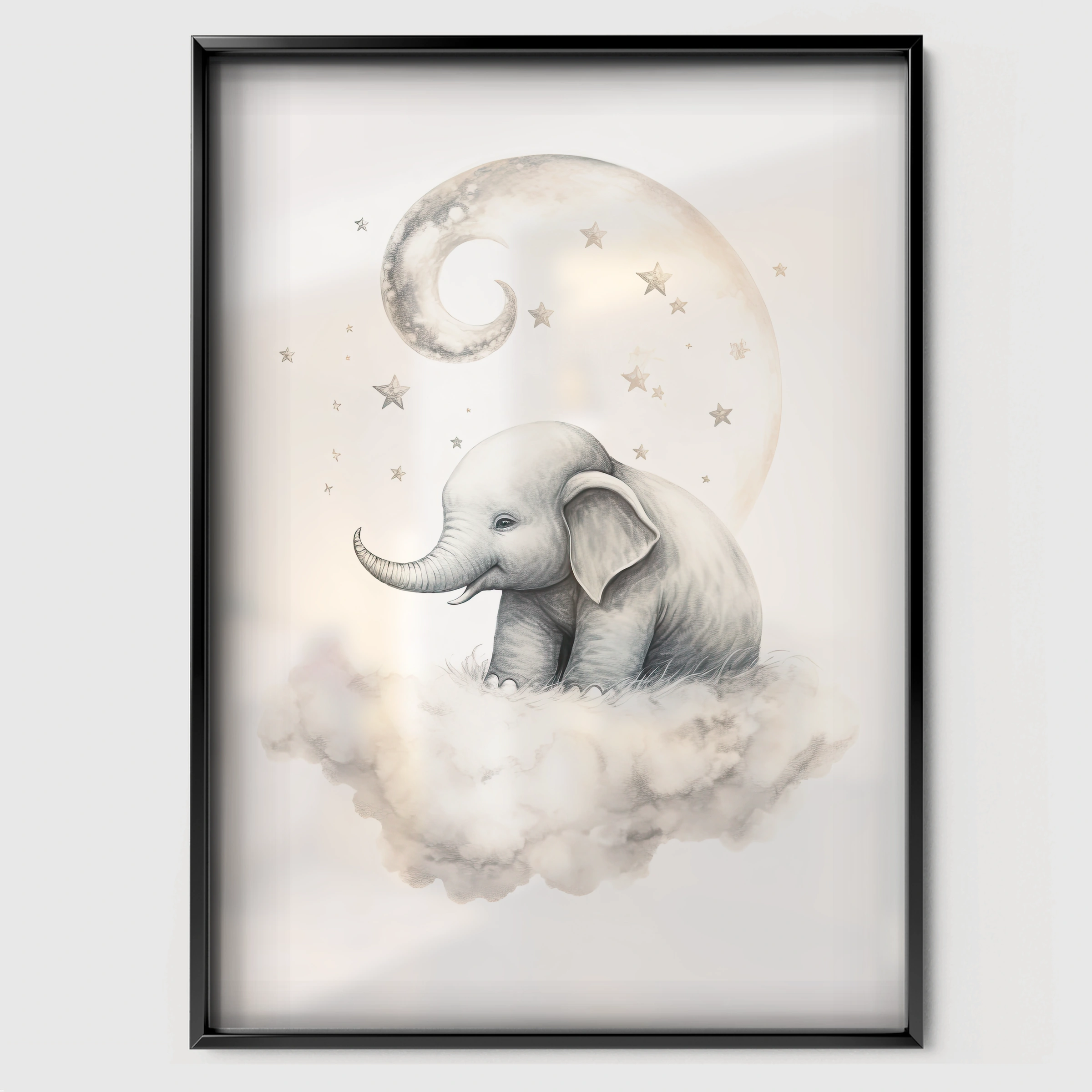 Elephant on a Cloud Nursery Print - black framed nursery wall art print