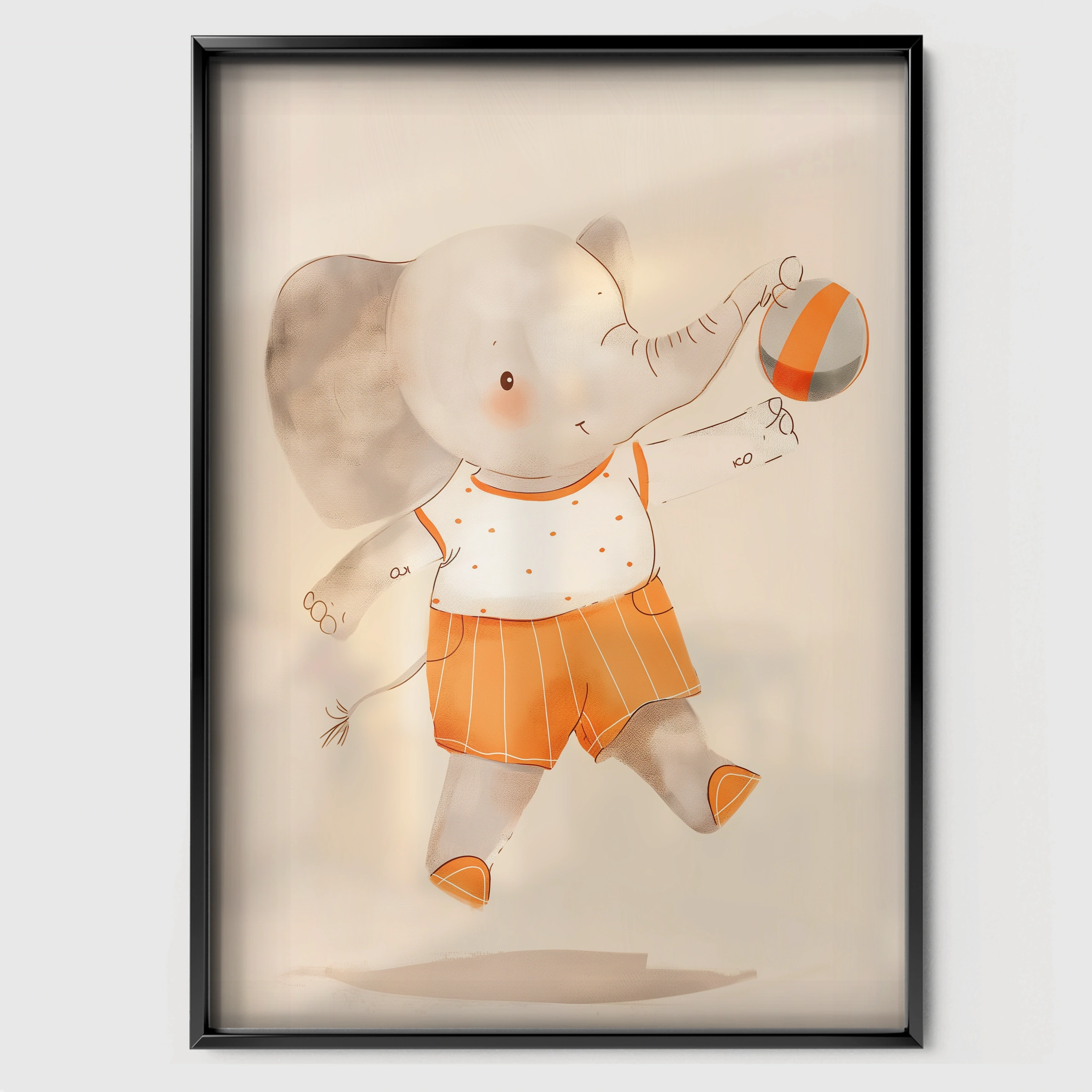 Elephant with a Ball Nursery Print - black framed nursery wall art print