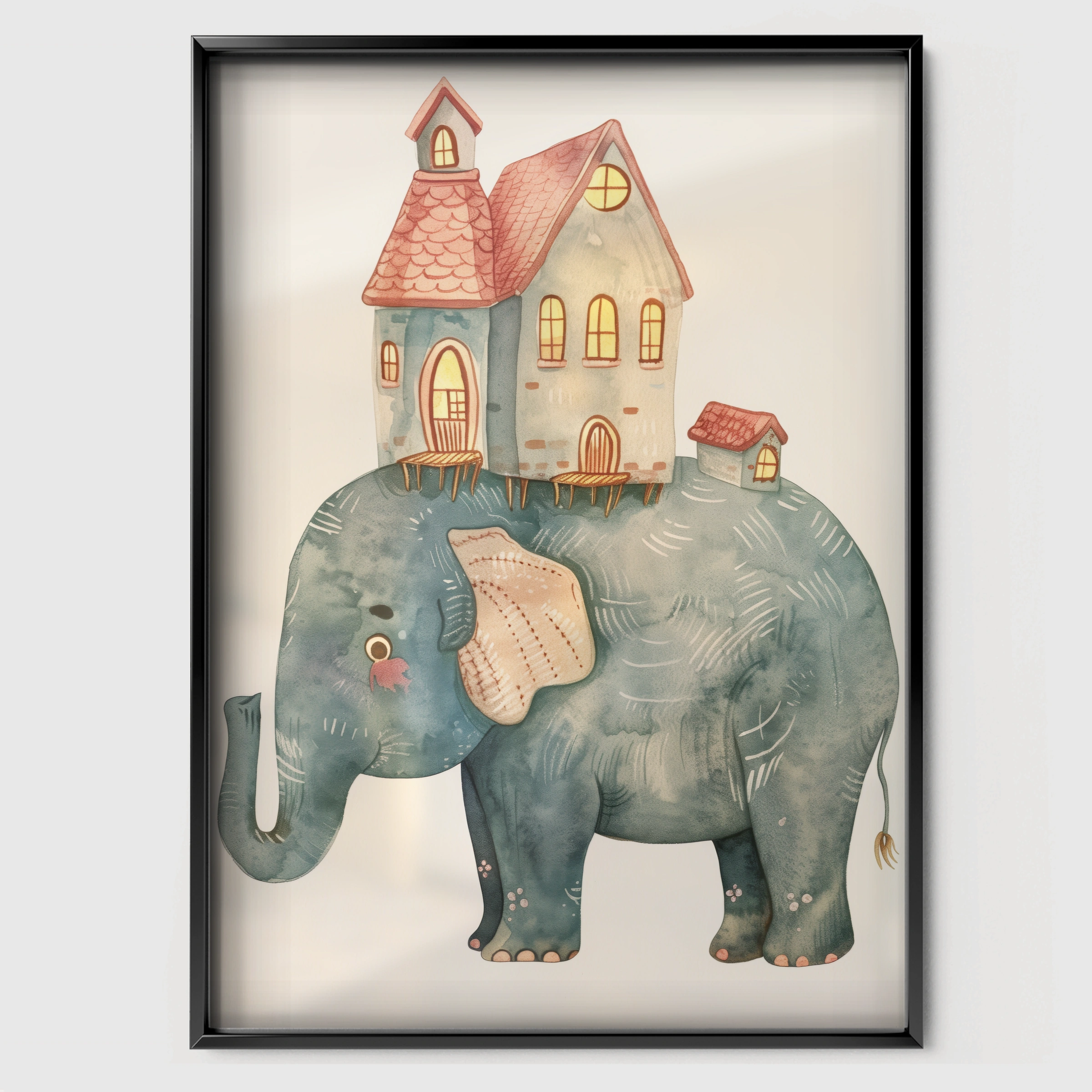 Elephant with a House Nursery Print - black framed nursery wall art print