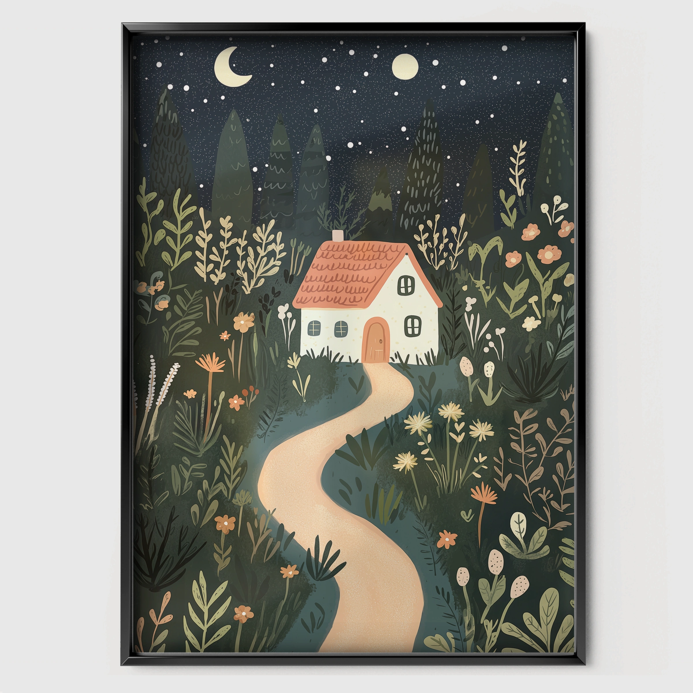 Enchanted Forest Village Nursery Print - black framed nursery wall art print