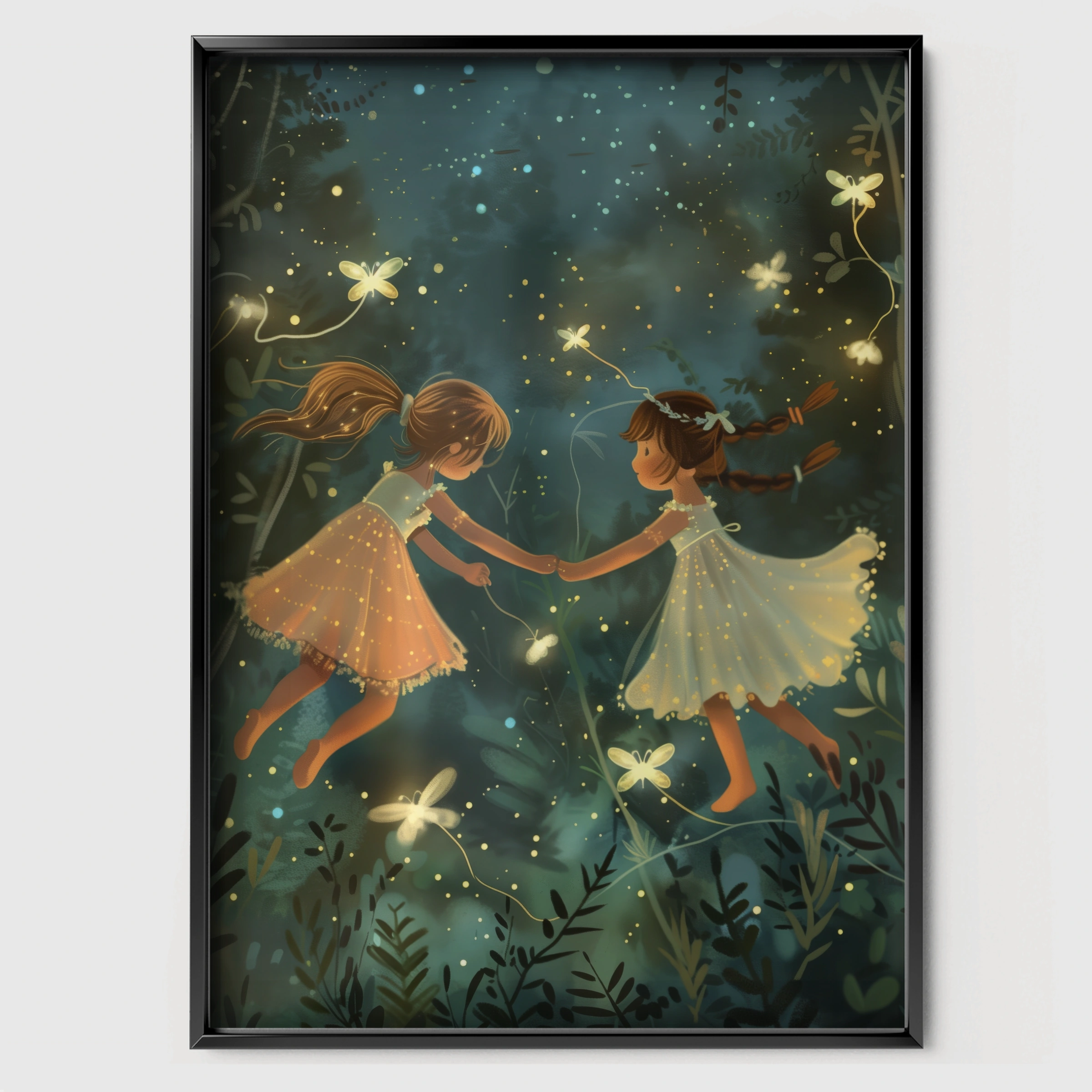 Fairies in the Forest Nursery Print - black framed nursery wall art print