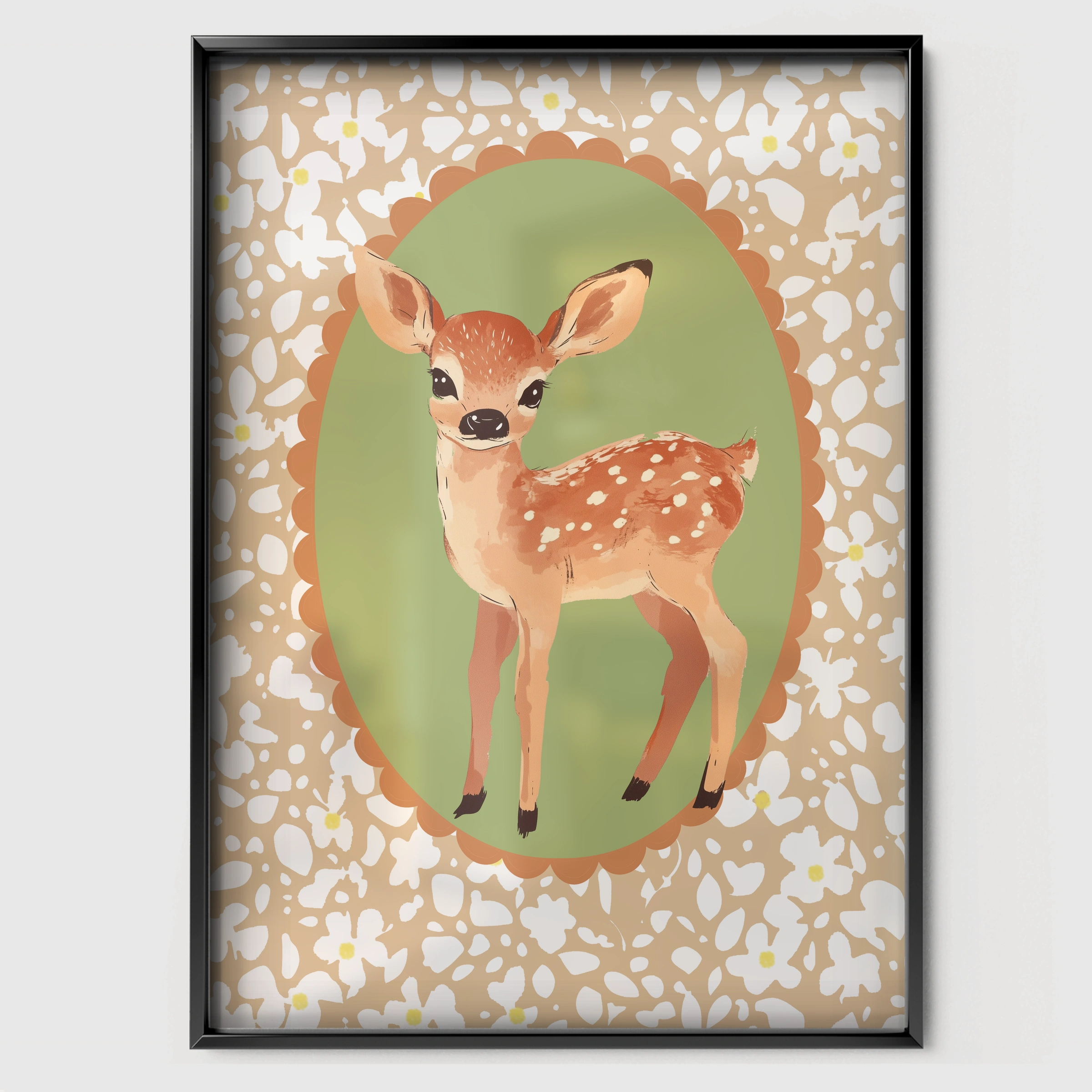 Fawn Cameo Nursery Print - black framed nursery wall art print