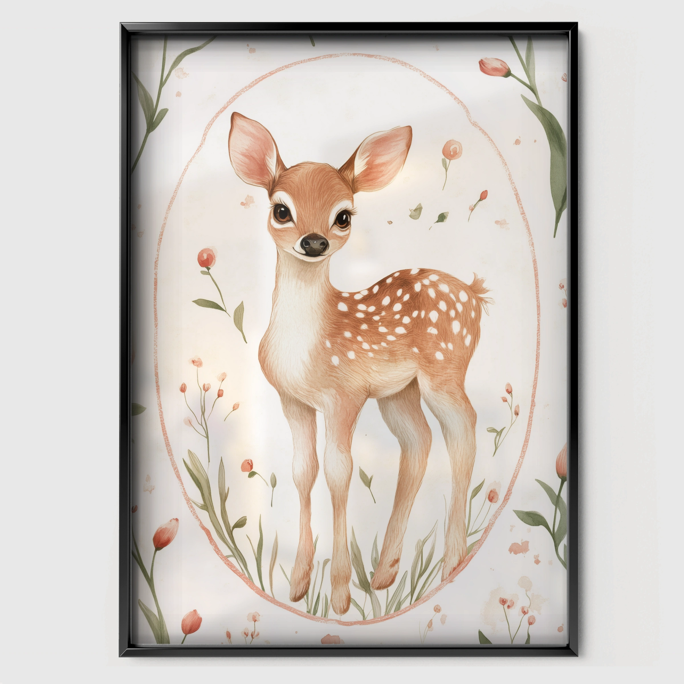 Fawn in a Floral Oval Nursery Print - black framed nursery wall art print