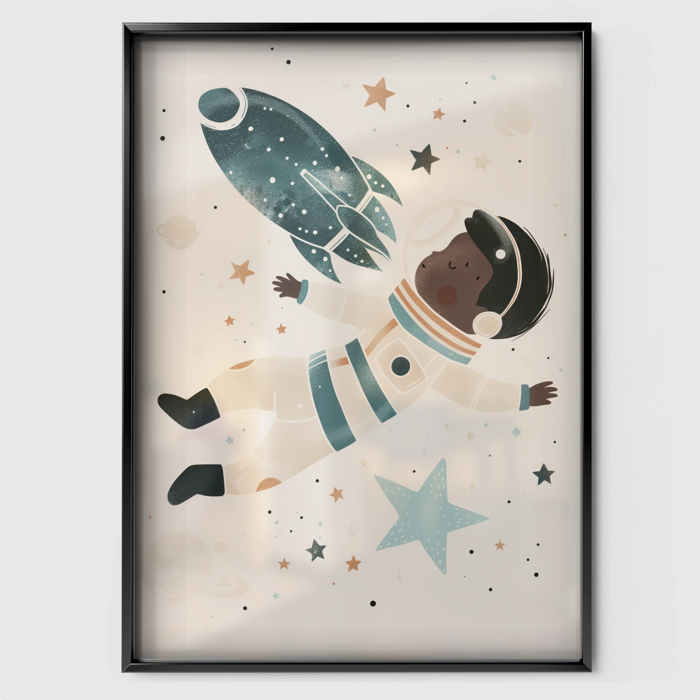 Floating Astronaut Nursery Print - black framed nursery wall art print